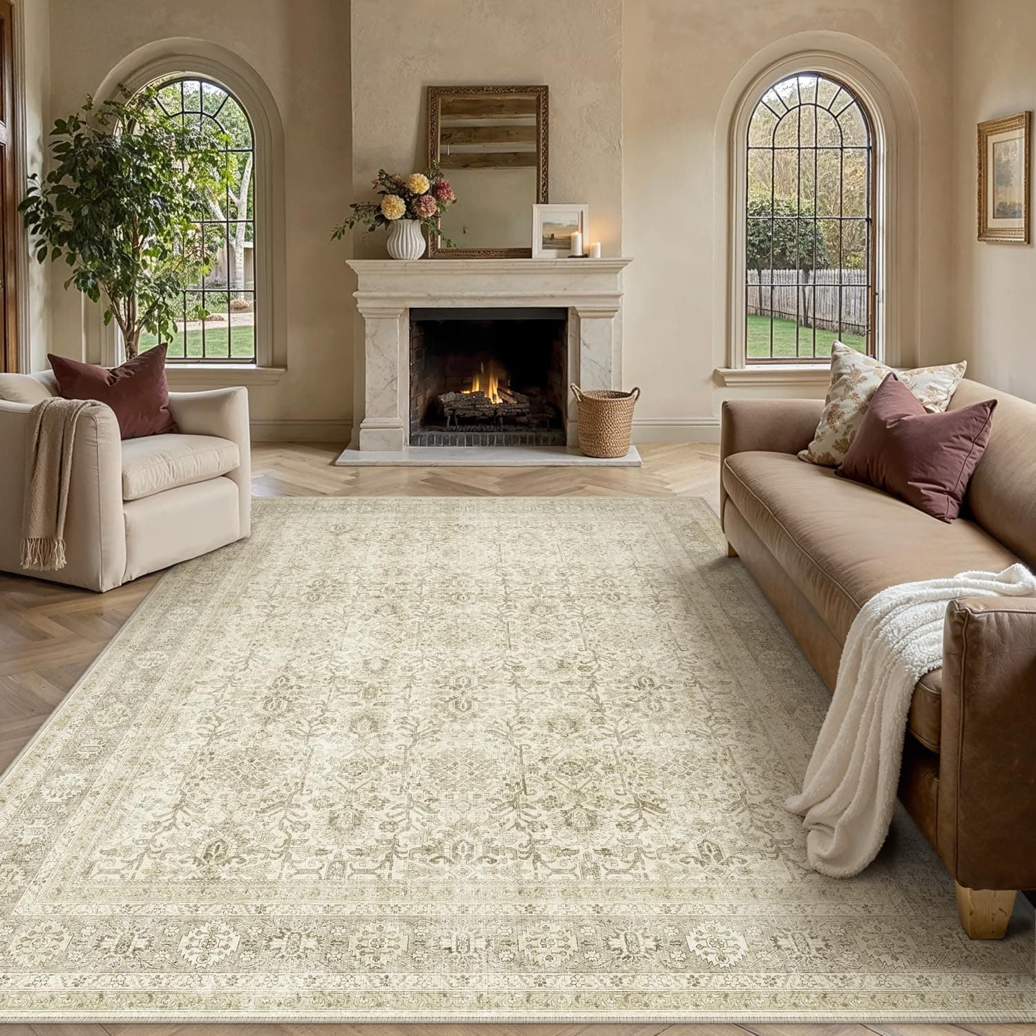 HUGEAR Vintage Tapis Salon 200x300cm Beige Chambre AntidéRapant Lavable en Machine Doux Grand Carpet Salle a Manger Descente de Lit Chambre Adulte Poil Ras Rug