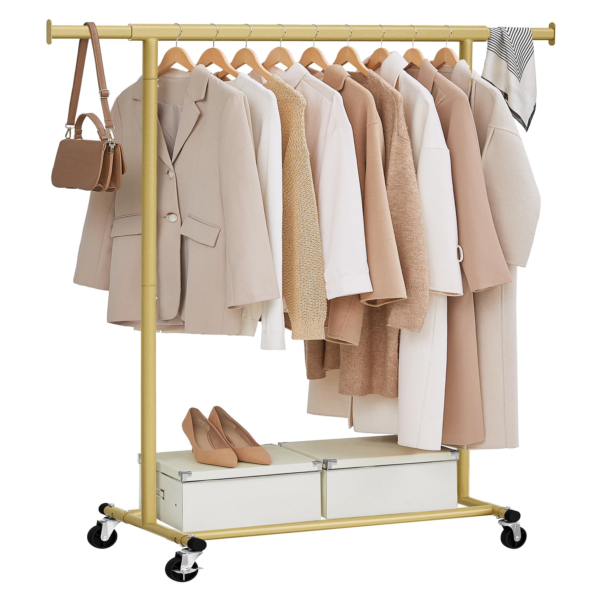 SONGMICS Stand Appendiabiti con Ruote, Attaccapanni Estensibile per Carichi Pesanti, Portata Totale 100 kg, 45 x (92-132) x 161,5 cm, Facile da Montare e Spostare, Oro Pallido HSR013A01