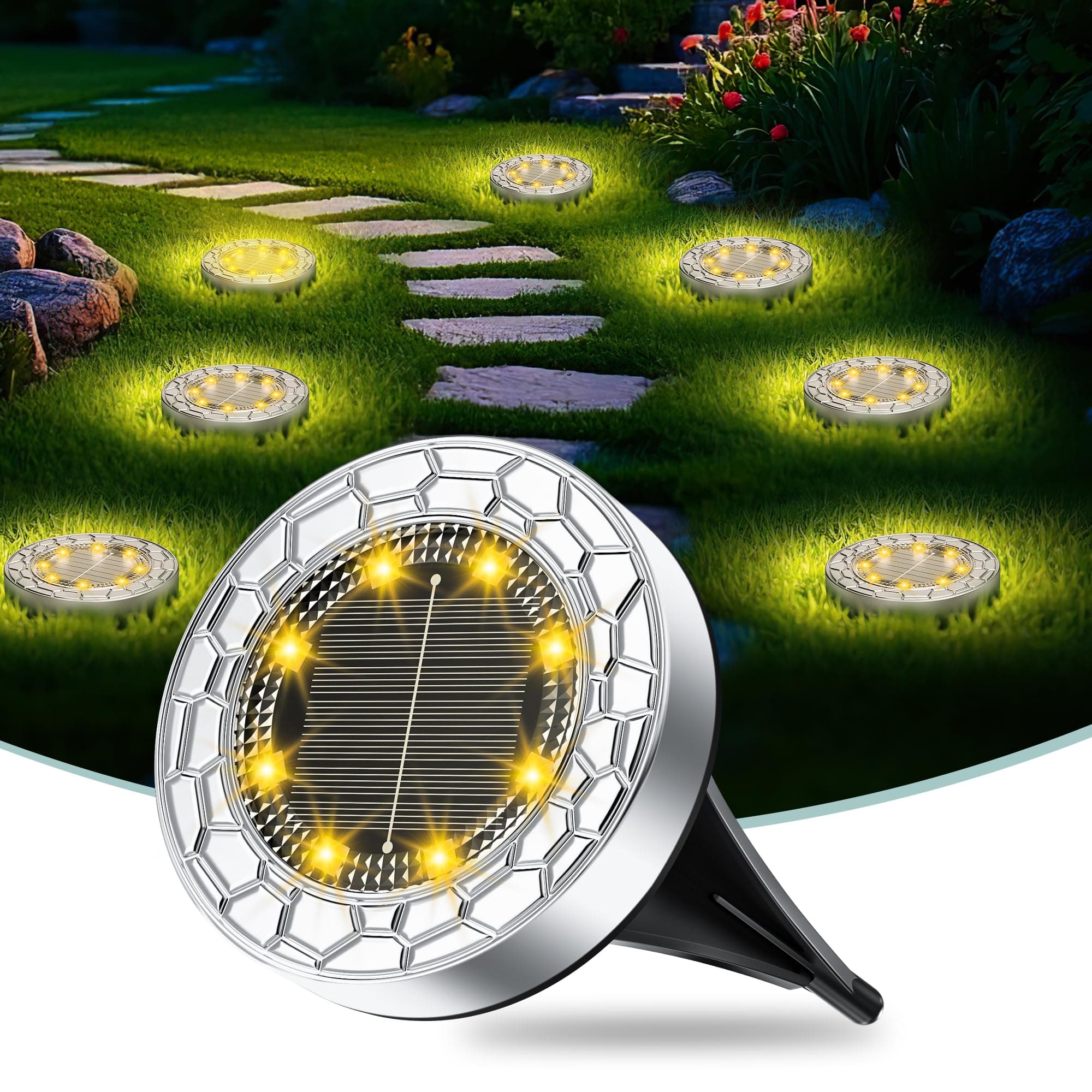 FIFlying 6 pezzi Luci Solari da Giardino, 8 LED Lampade Solare da Terra, Acciaio Inossidabile Bianco Caldo Faretti Sepolta Solari a Led da Esterno, per Prato, Vialetto, Marciapiede, Patio