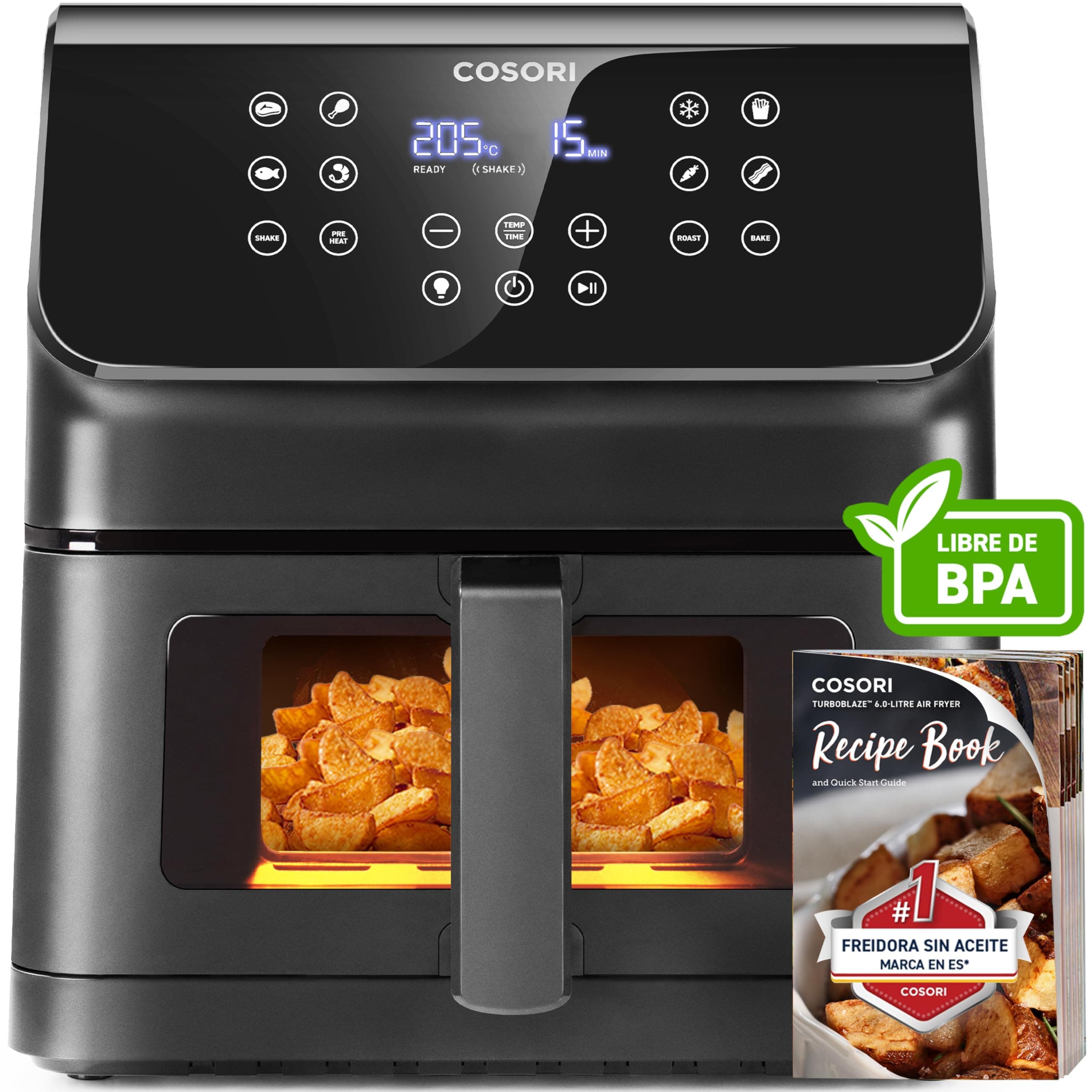 Cosori Freidora de Aire Práctica 6,2L con Ventana Air Fryer 1700W, Tecnología Rapid Air, 55% Menos Energía, 13 Automáticos Modos,Uso Fácil, LED Panel Táctil, Acero Inox Interior, Hasta 205ºC y 60 Min