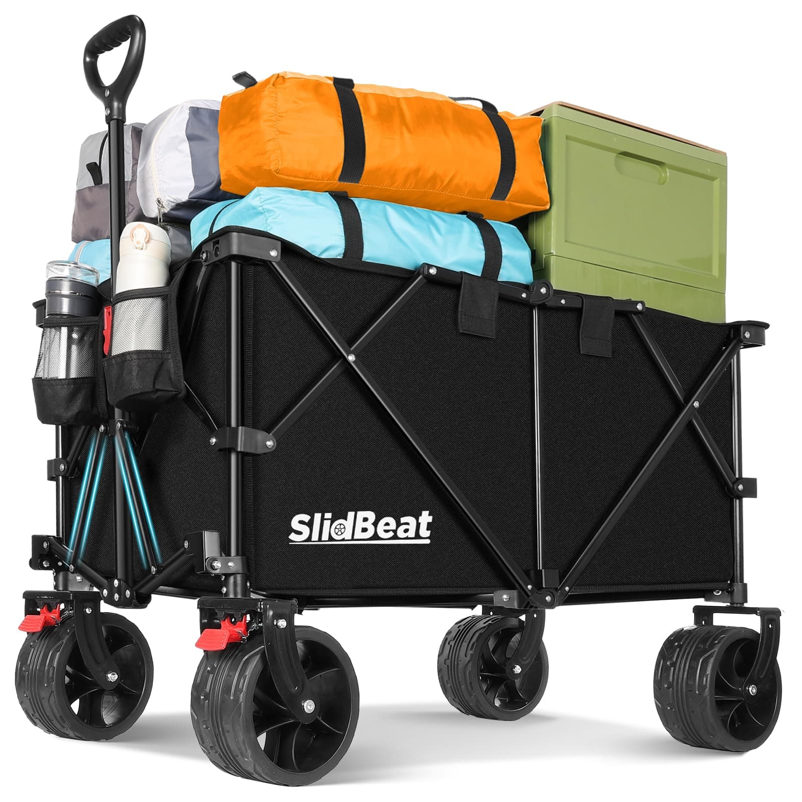 SLIDBEAT Chariot de Plage 220-330L, 200KG Chariot de Transport Pliable avec Roues Pivotantes à 360°, XXL Chariot de Jardin à Poignée à Rebond Automatique Tout Terrain avec Freins, pour Pêche Camping