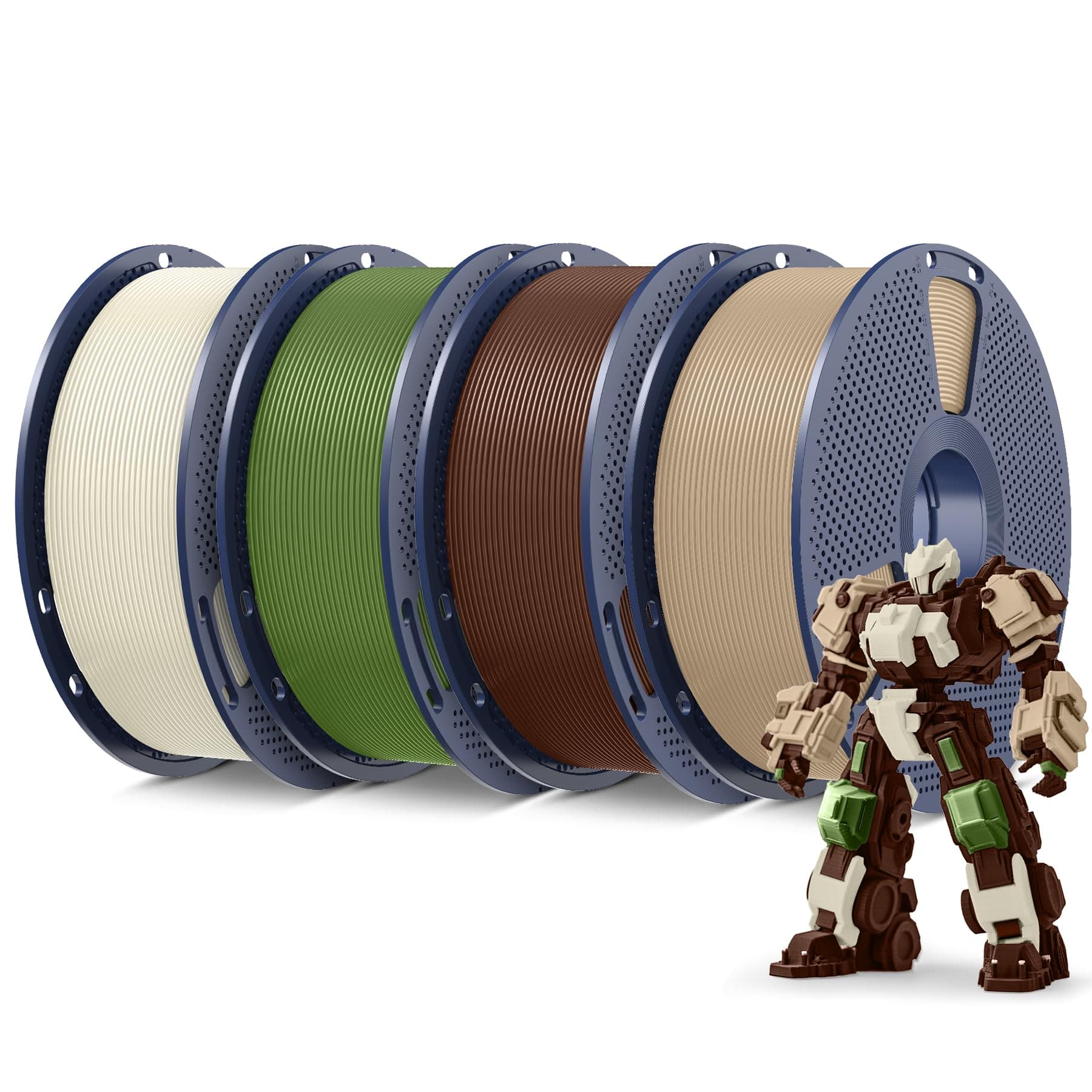 SUNLU SUNLU - Filamento PLA para impresora 3D, 4 kg, 1.75 mm, filamento PLA+ enrollado perfectamente de 1.75 mm, carrete de 1 kg, 4 paquetes, blanco hueso, roble, marrón café y verde oliva
