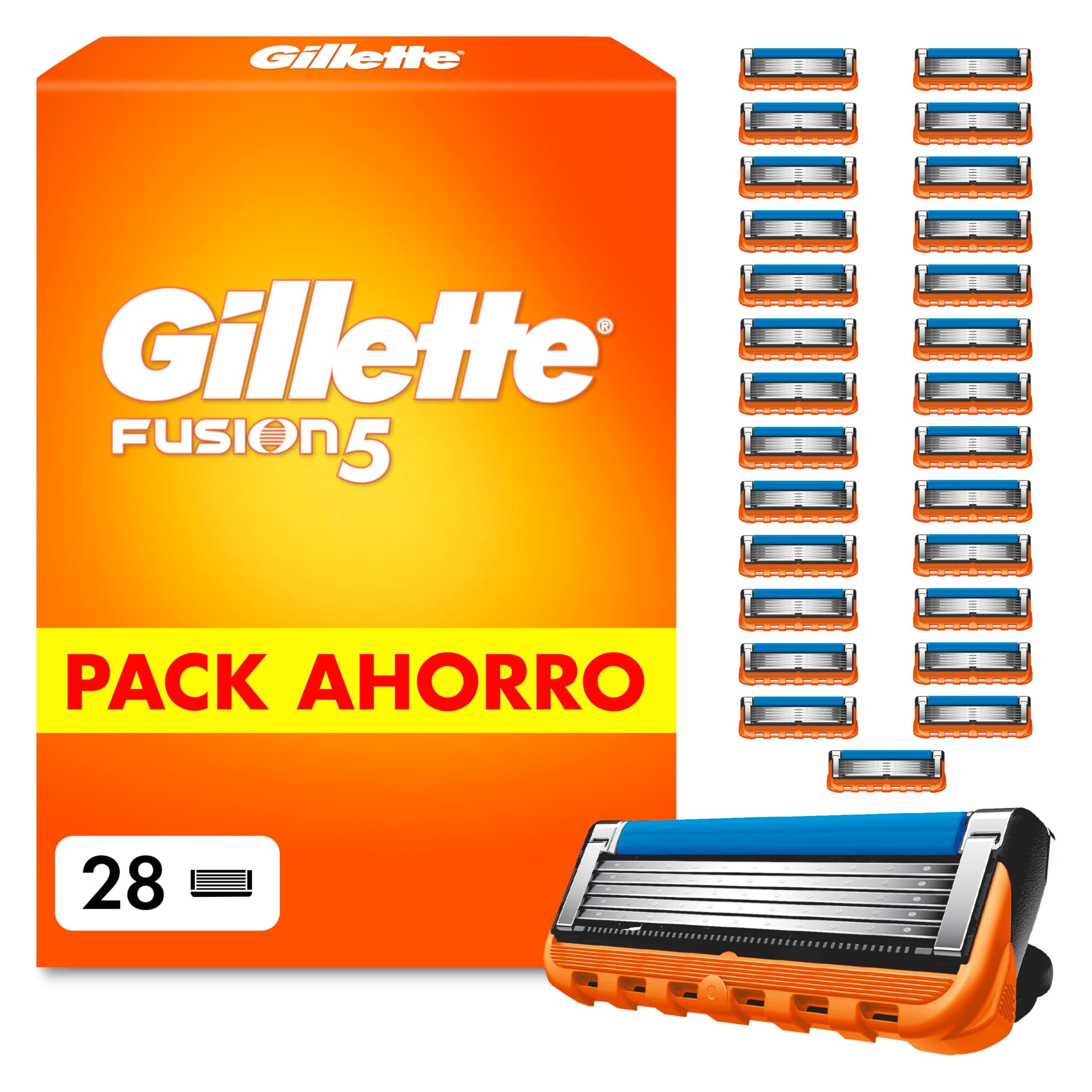 Gillette Fusion5 Cuchillas de Afeitar Hombre, Pack de 28 - Recambios para Maquinillas de Afeitar con 5 Hojas, Banda de Gel Lubricante Y Recortadora de Precisión