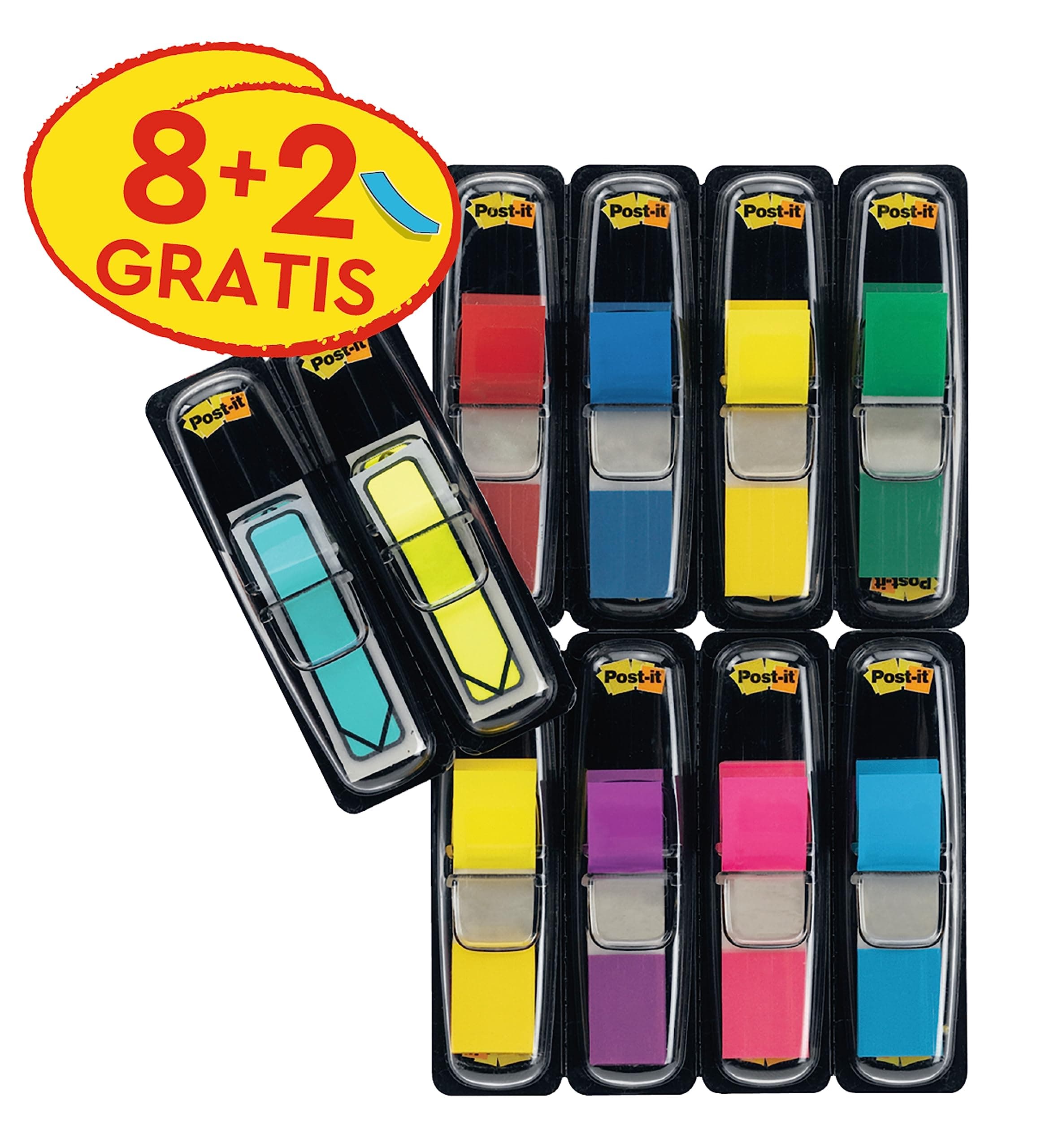 Post-it Index Small Flags, Vorteilspackung mit 8 Blöcken und 2 Pfeilblöcke GRATIS, 328 Blätter, 11, 9 mm x 43, 2 mm, Farben: Gelb, Rot, Grün, Blau, Lila, Pink - Für wichtige Informationen