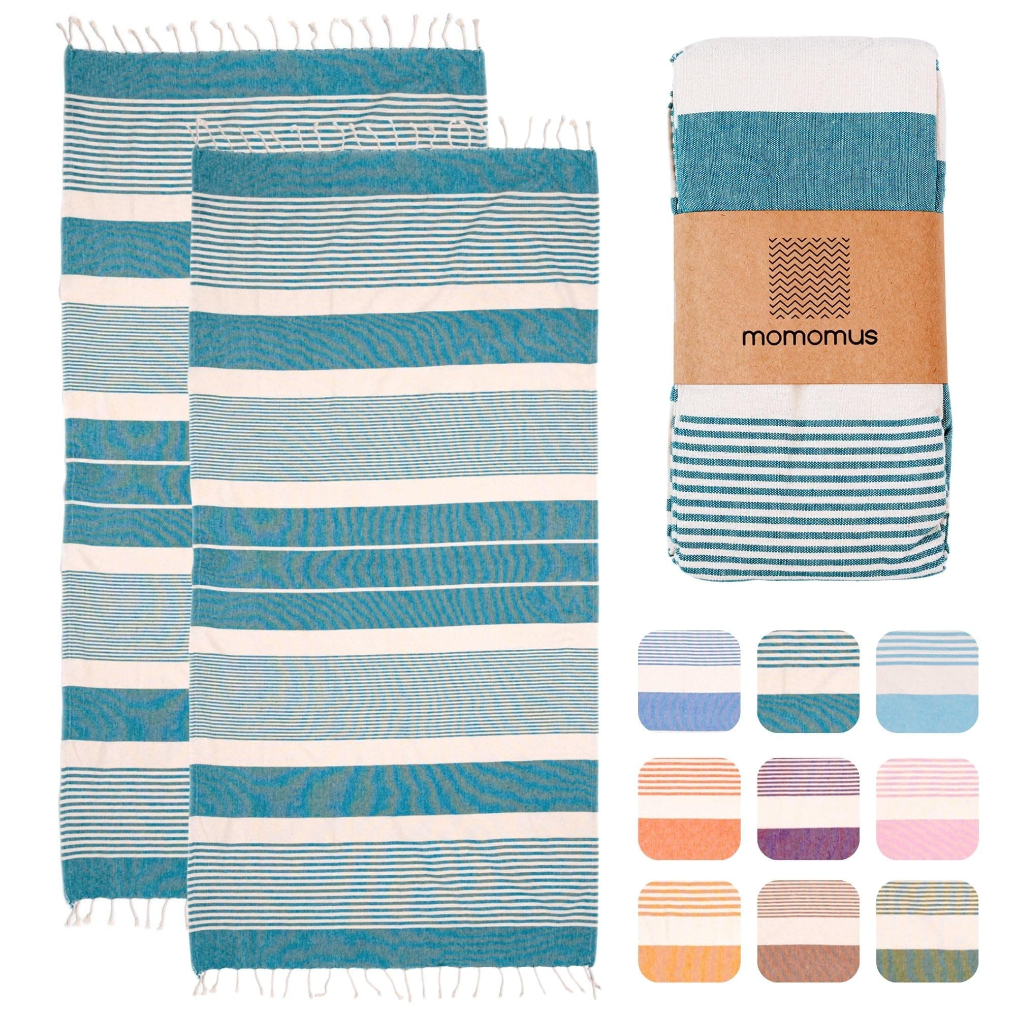 MOMOMUS Pack de 2 Foutas XL o Toallas de Playa Grandes de Algodón 100% - Absorbente, Ultrasuave y Compacta - Ideal como Pareo de Playa o Toalla de Piscina - Verde, 90x180 cm