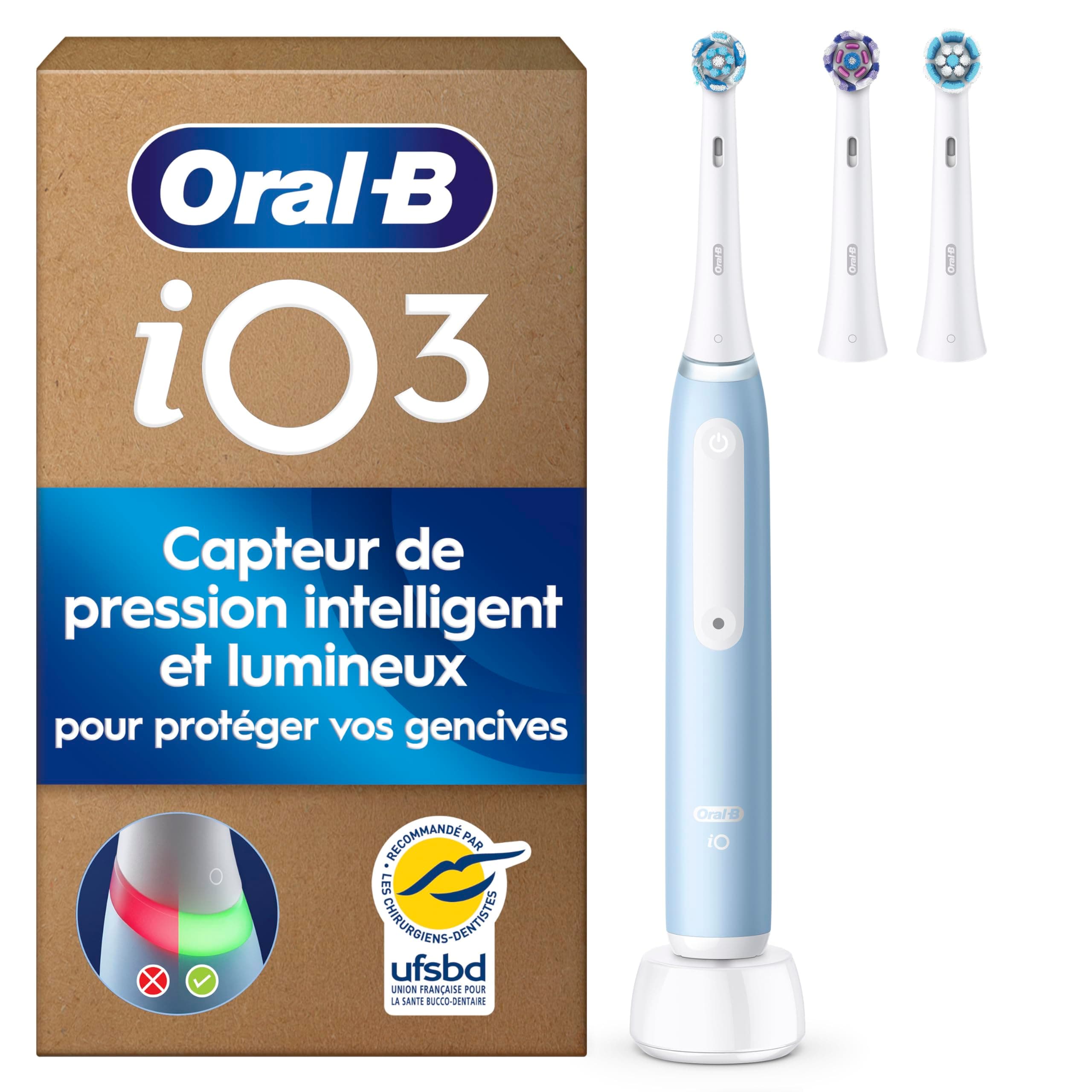 Oral-B Brosse à Dents Electrique iO 3 avec 3 Brossettes de Rechange, Bleue – 3 Modes de Brossage Silencieux dont Douceur et Blancheur, Capteur de Pression sur les Gencives, Batterie Rechargeable