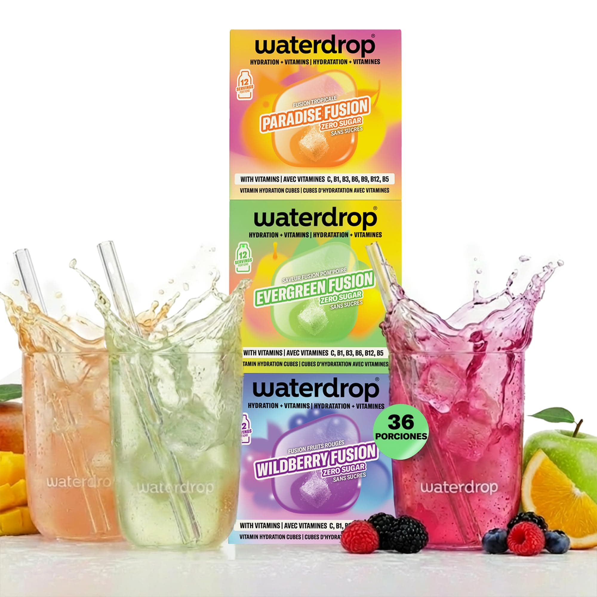 waterdrop® Microdrink FUSION COLLECTION - Set de 36 Pastillas Saborizantes para Agua - Mix de Frutas - Vitaminas C y B12 - Sin Azúcar y Bajo en Calorías - Alternativa Saludable a los Refrescos
