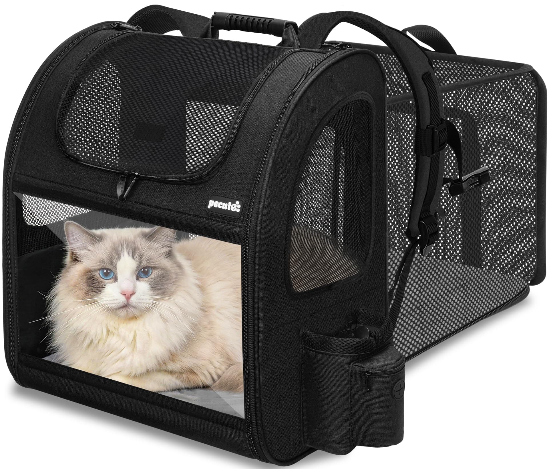 Pecute Transportin Gato Mochilas para Gatos y Perro Bolsa para Mascotas de Negro Expandible y Plegable, Bolsa Acrílica para Transporte de Mascotas