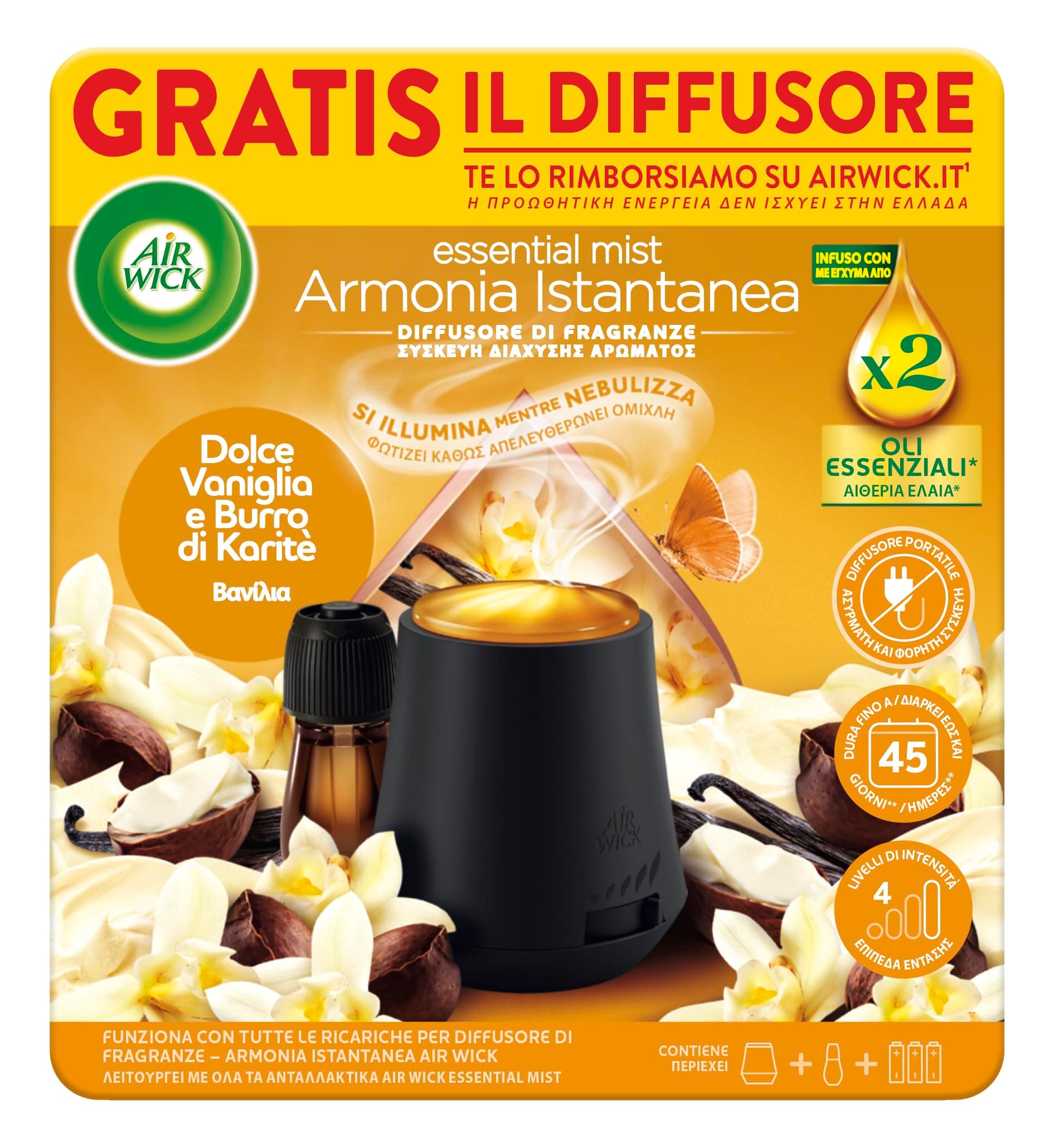 Airwick Armonia Istantanea Profumatore per Ambienti, Confezione con 1 Diffusore di Oli Essenziali e 1 Ricarica per Diffusore di Oli, Fragranza Dolce Vaniglia e Burro di Karitè, Il colore può variare