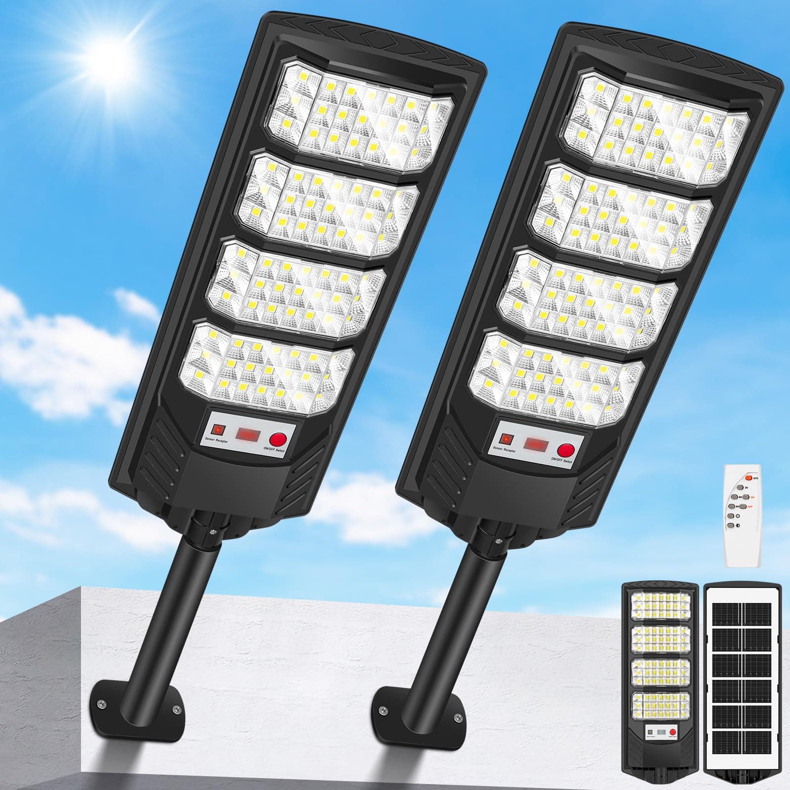 VOPHICHO Farolas Solares Exterior, 6500K Focos Solar LED Jardín con Sensor de Movimiento y Control Remoto, IP66 Impermeable Lampara Solar Exterior Luz de Seguridad para Garage Patio Calle, 2 Pack