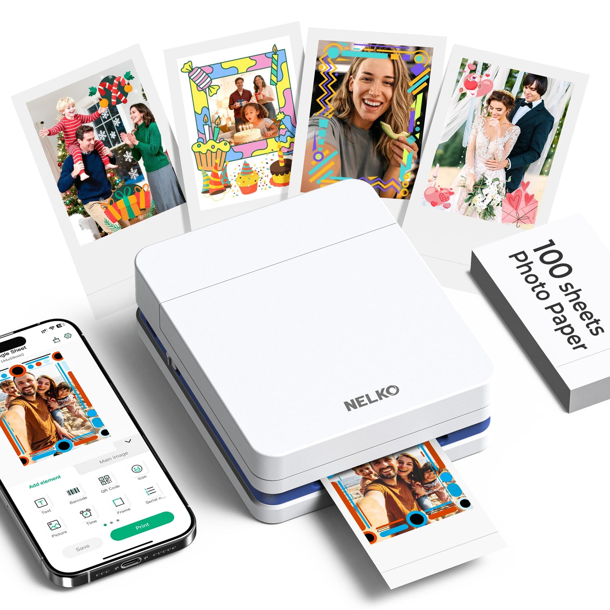 Nelko PP01 Mini Imprimante Photo Portable, 100 Feuilles, Blanc | Impresión color HD resistente agua/manchas, Compatible iOS/Android Bluetooth, Ideal viajes, scrapbook, regalos