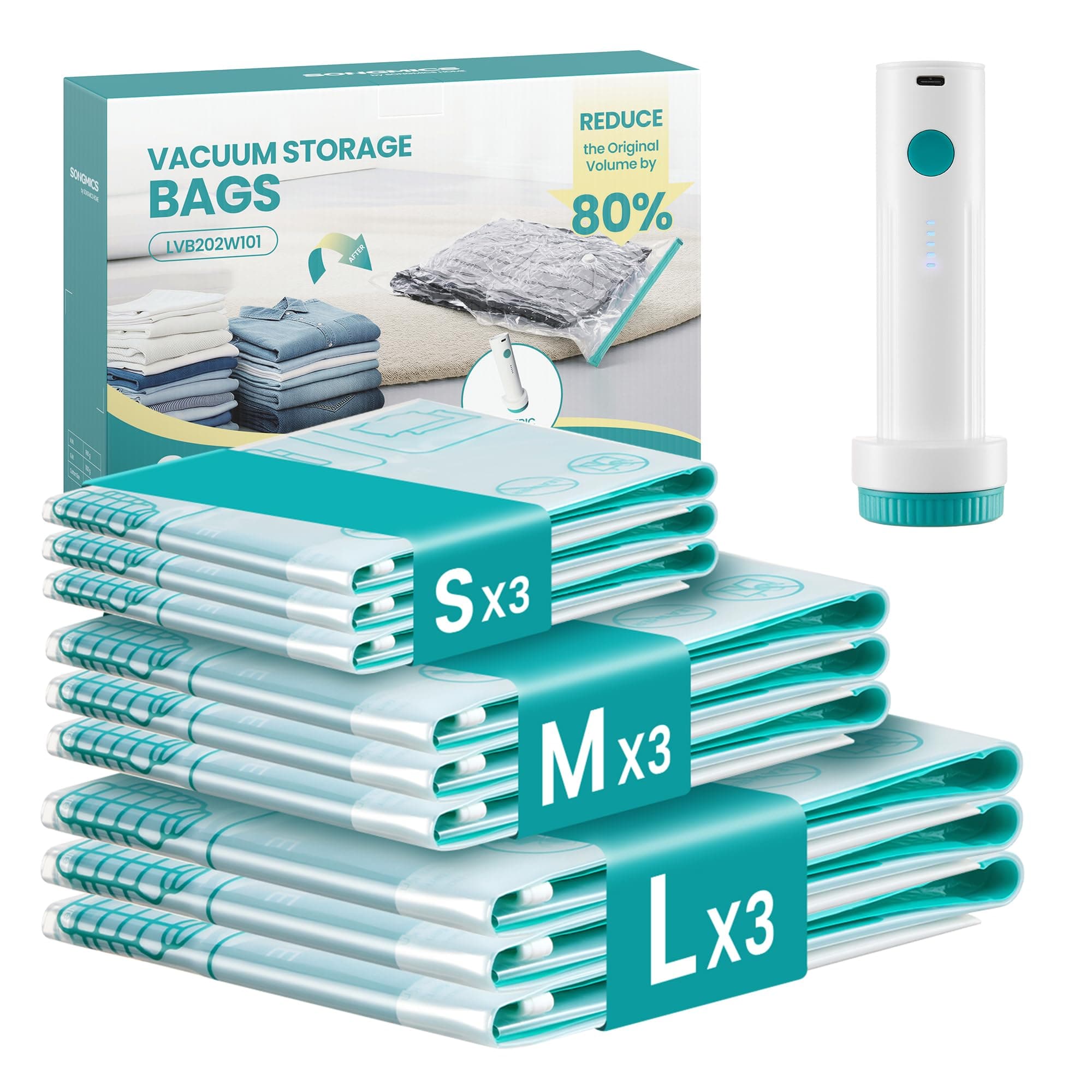 SONGMICS Housses de Rangement sous Vide avec Pompe Électrique Rechargeable, Sacs sous Vide pour Vêtement, Drap, Placard, Voyage, Réutilisable, 9 Pièces, 3S/3M/3L, Transparent LVB201W101