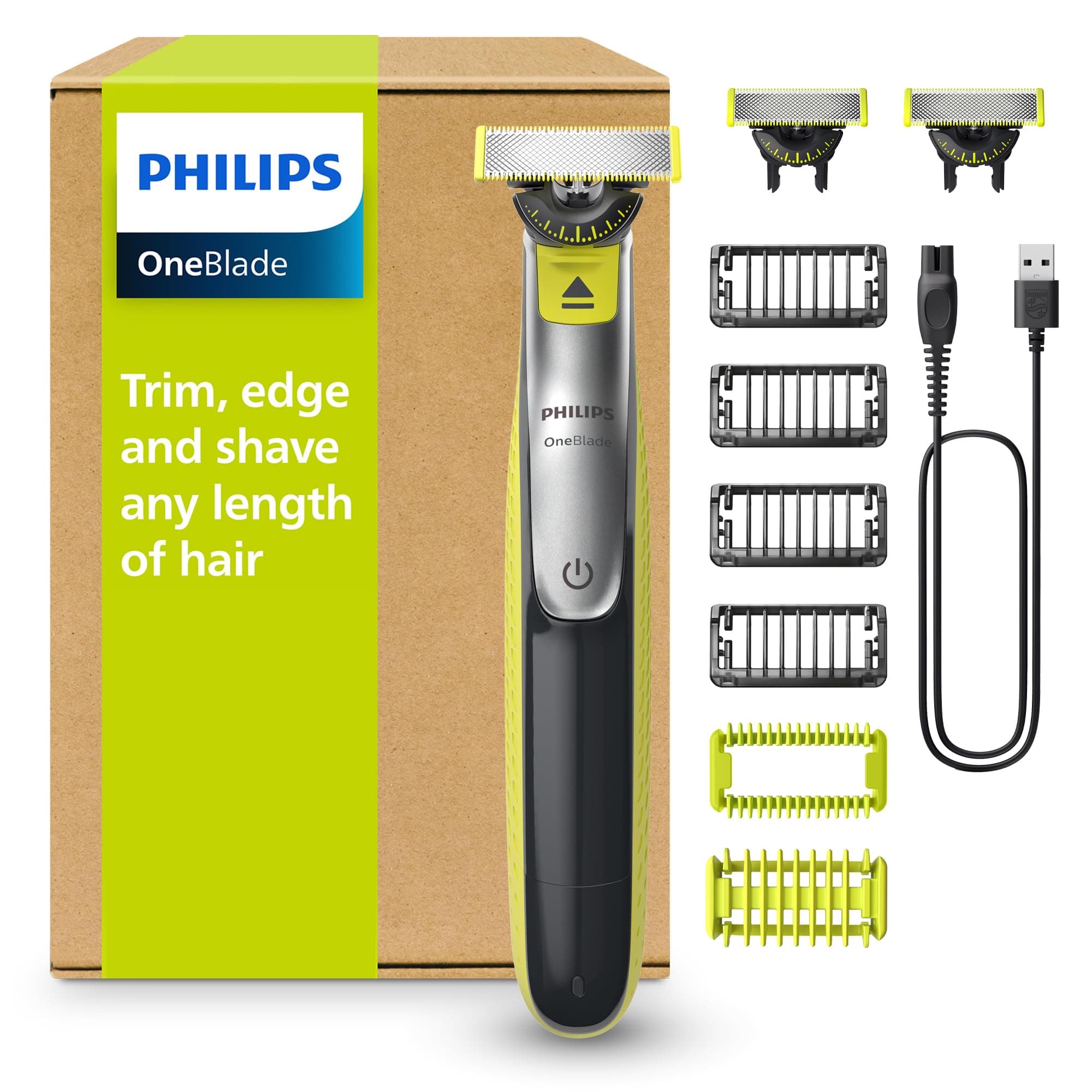 PHILIPS OneBlade 360 Face & Body - elektrischer Rasierer, Trimmer & Bodygroomer, 3x 360 Klingen, 4x Trimmaufsätze (1/2/3/5 mm), 2x Körperaufsätze, Nass- & Trockenrasur für Gesicht & Körper (QP2834/31)
