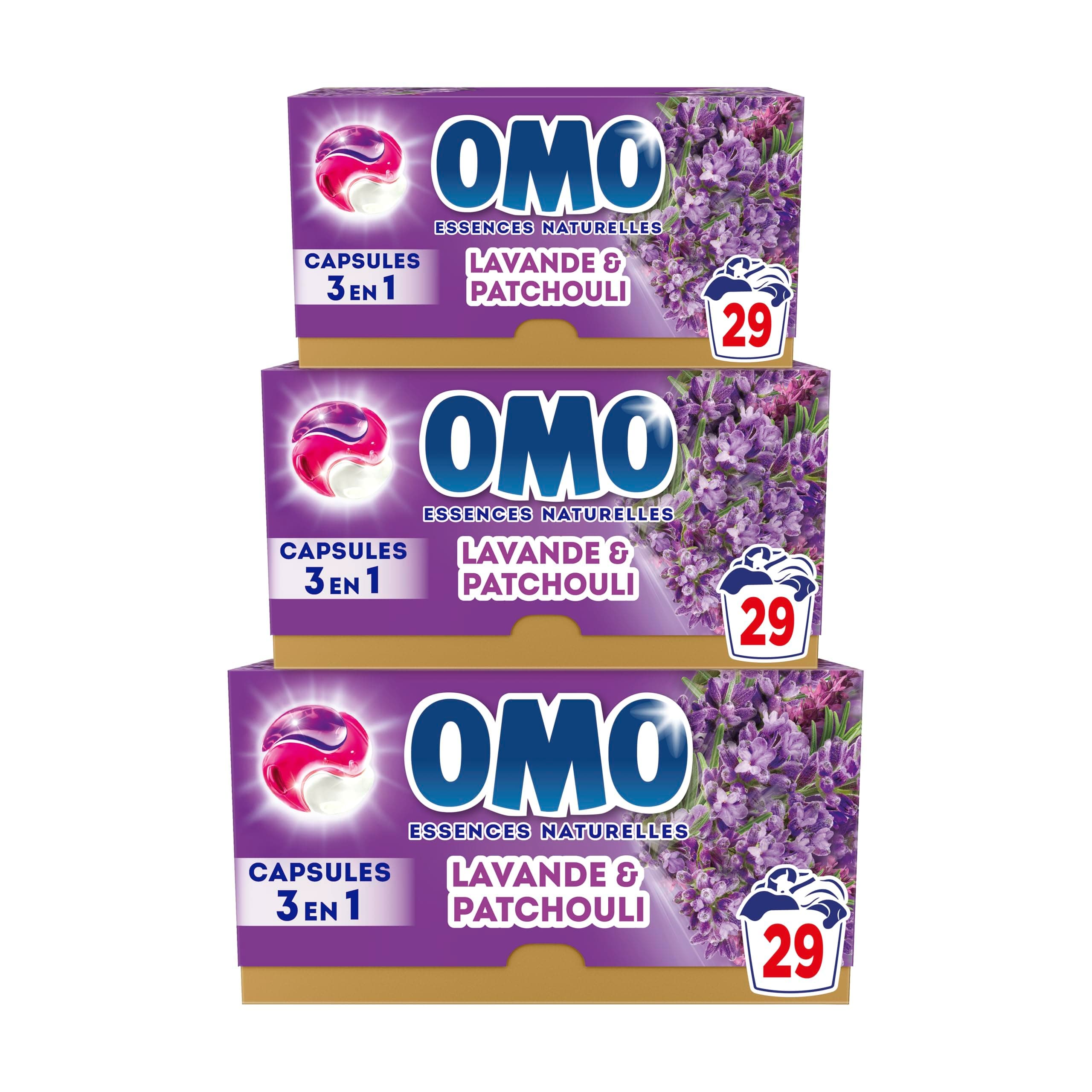 OMO- Lessive liquide en capsules 3 en 1 J'ai rêvé du Sud - 87 lavages - Lavande et Patchouli - propreté éclatante & parfum longue durée aux essences naturelles (lot de 3x29)