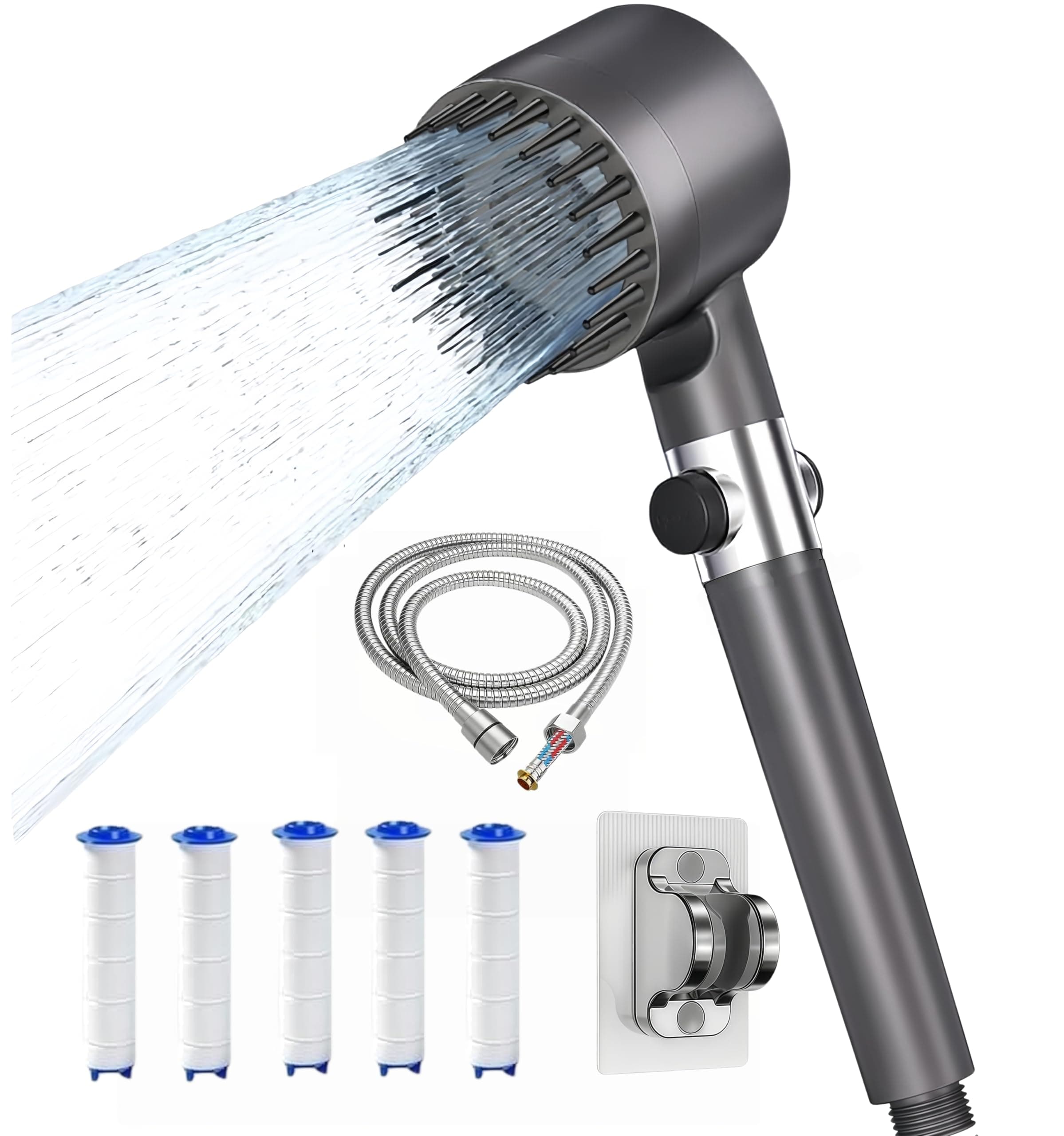 Alcachofa de Ducha de Alta Presión,Incluye manguera de1,5metros y soporte,4 modos, Alcachofa de ducha economizadora con filtro y botón de OFF/ON, Ideal para Aguas Duras y Limpieza del Baño,Grey