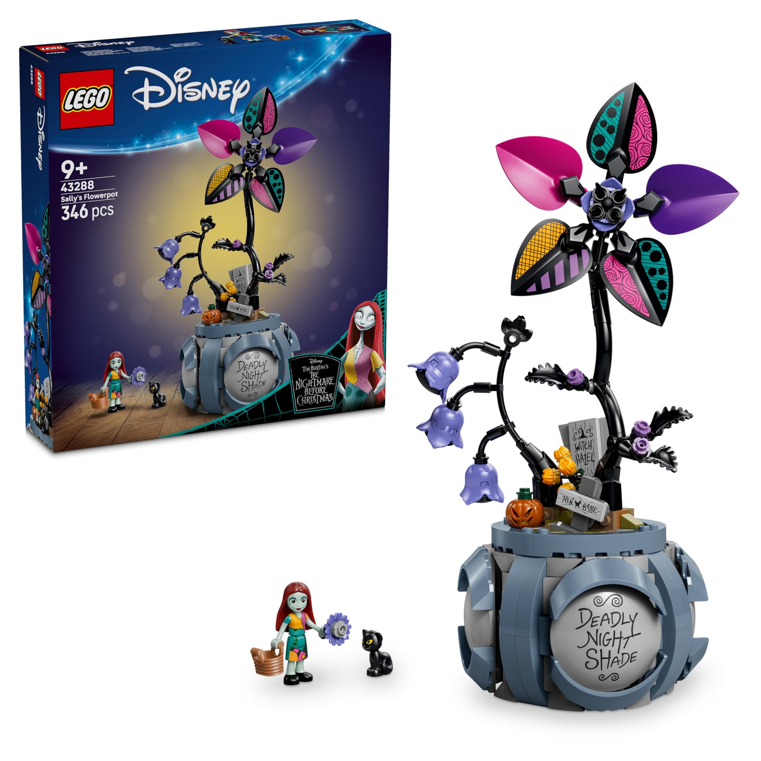 LEGO | Disney Maceta de Sally - Decoración del Dormitorio con 2 Flores Artificiales, Mini Muñeca y Gato Negro de Juguete - Regalo para Niñas de 9+ Años y Fans de Pesadilla Antes de Navidad - 43288