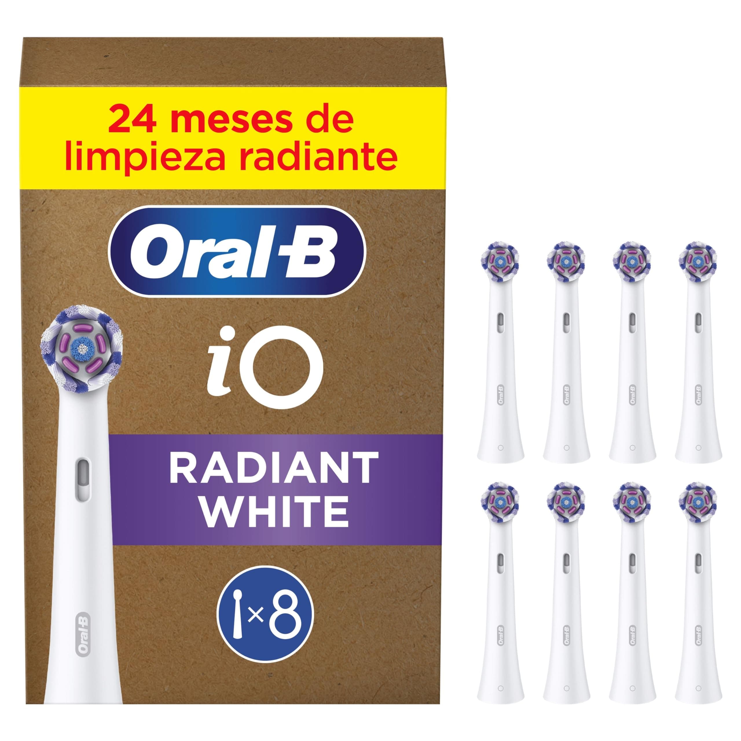 Oral-B iO Radiant White Cabezales de Recambio Originales, Blanco, Pack de 8 | Recambios para Cepillos de Dientes Eléctricos Oral B iO, Blanqueamiento Dental, Eliminación de Manchas Y Placa Bacteriana