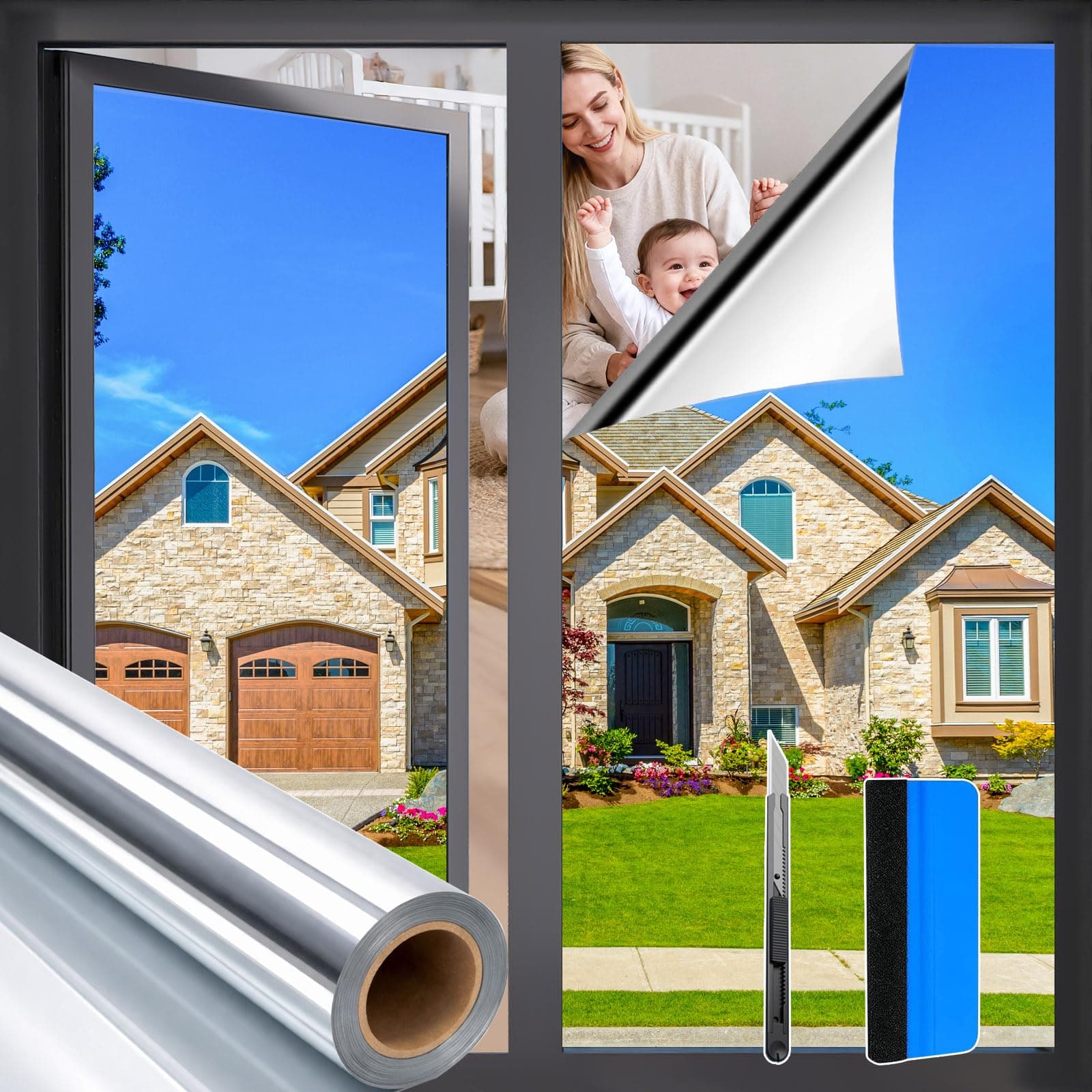 Zindoo Film fenetre Anti Regard Film Anti Chaleur 105x200cm Bon Effet Miroir Anti UV Électrostatique avec Kit de Pose Protection de la Vie Privée pour Bureau Maison Balcon Magasin