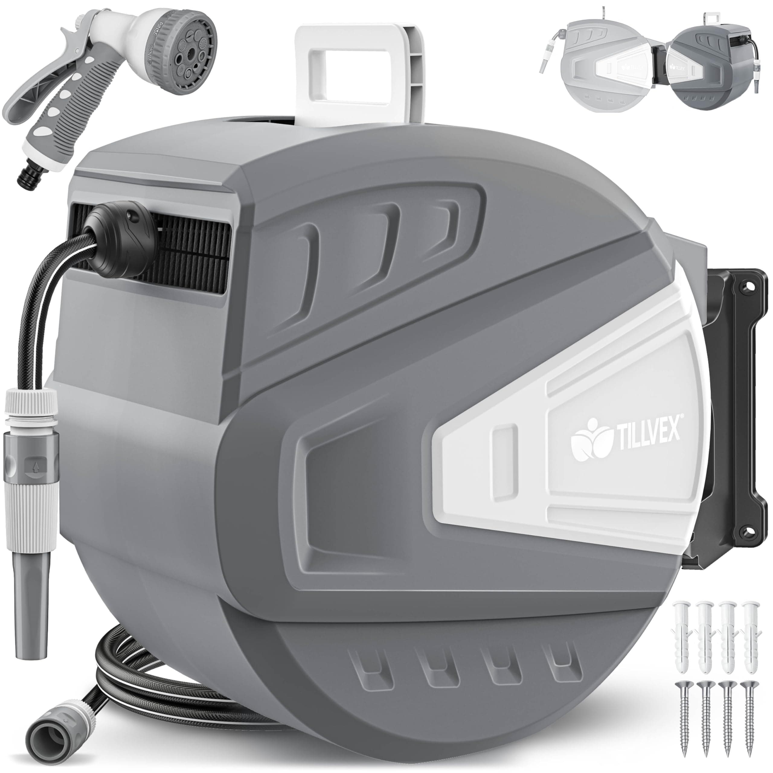 tillvex Enrouleur de Tuyau d'arrosage pour Jardin 20+2m avec support mural + poignée | Dévidoir pour tuyau avec pistolet à eau et tuyau d'arrosage | Pivotant à 180° (Gris, 35m)