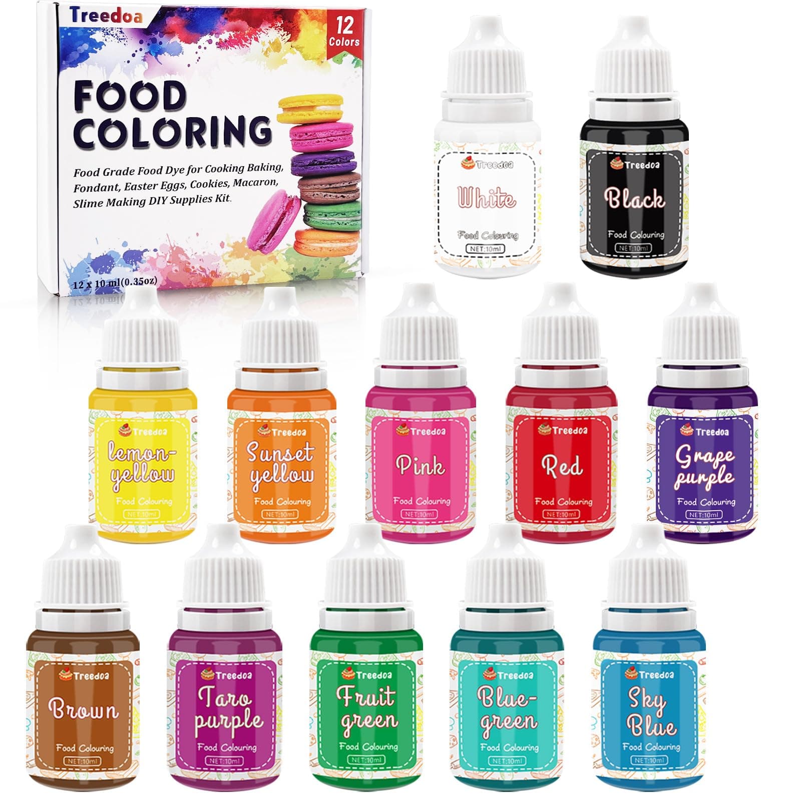 Coloranti Alimentari a 12 Colori X 10 ML-Grado Alimentare Colorante Alimentare Liquidi Concentrati per Decorare Torte, Uova di Pasqua, Cottura al forno,Dolci,Biscotti di Natale,Fondente,Glassa,Slime