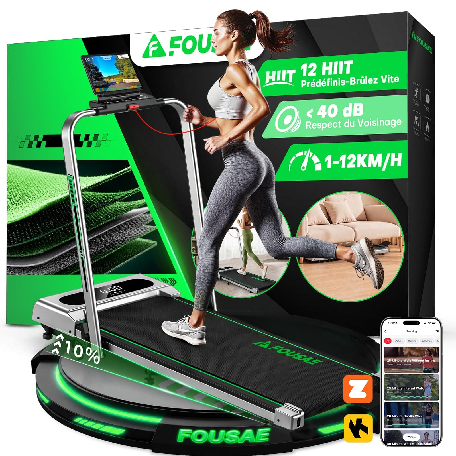 Tapis de Course, FOUSAE Tapis de Marche Pliable avec 12 Programmes HIIT Prédéfinis, Inclinable 9%, 12 KM/H, Moteur Silencieux 2,75 CV, APP & Télécommande, Charge Max 158kg pour Maison & Bureau