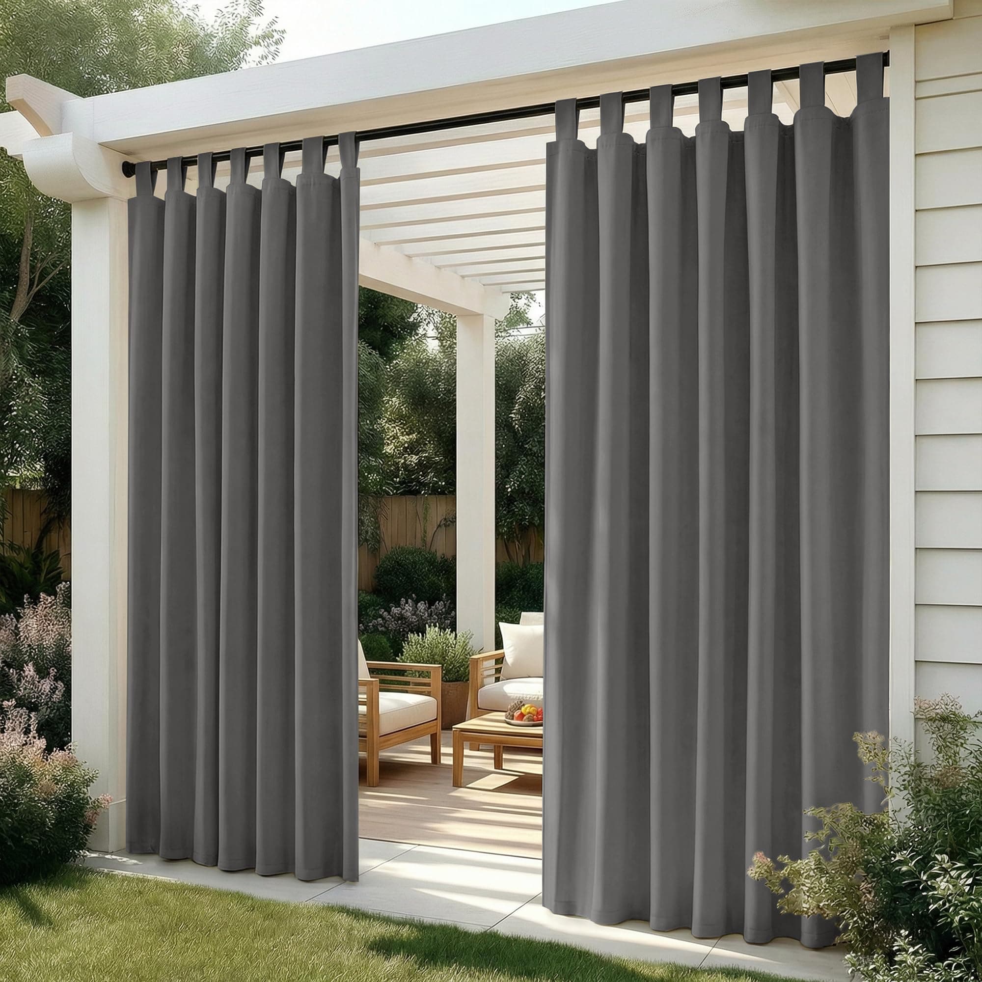 Deconovo Cortinas Exterior para Terraza Jardín o Balcón, Opacas y Repelentes al Agua con Trabillas, Protección Solar y Aislamiento Térmico, Set de 2 Paneles 132x245 cm Gris Claro
