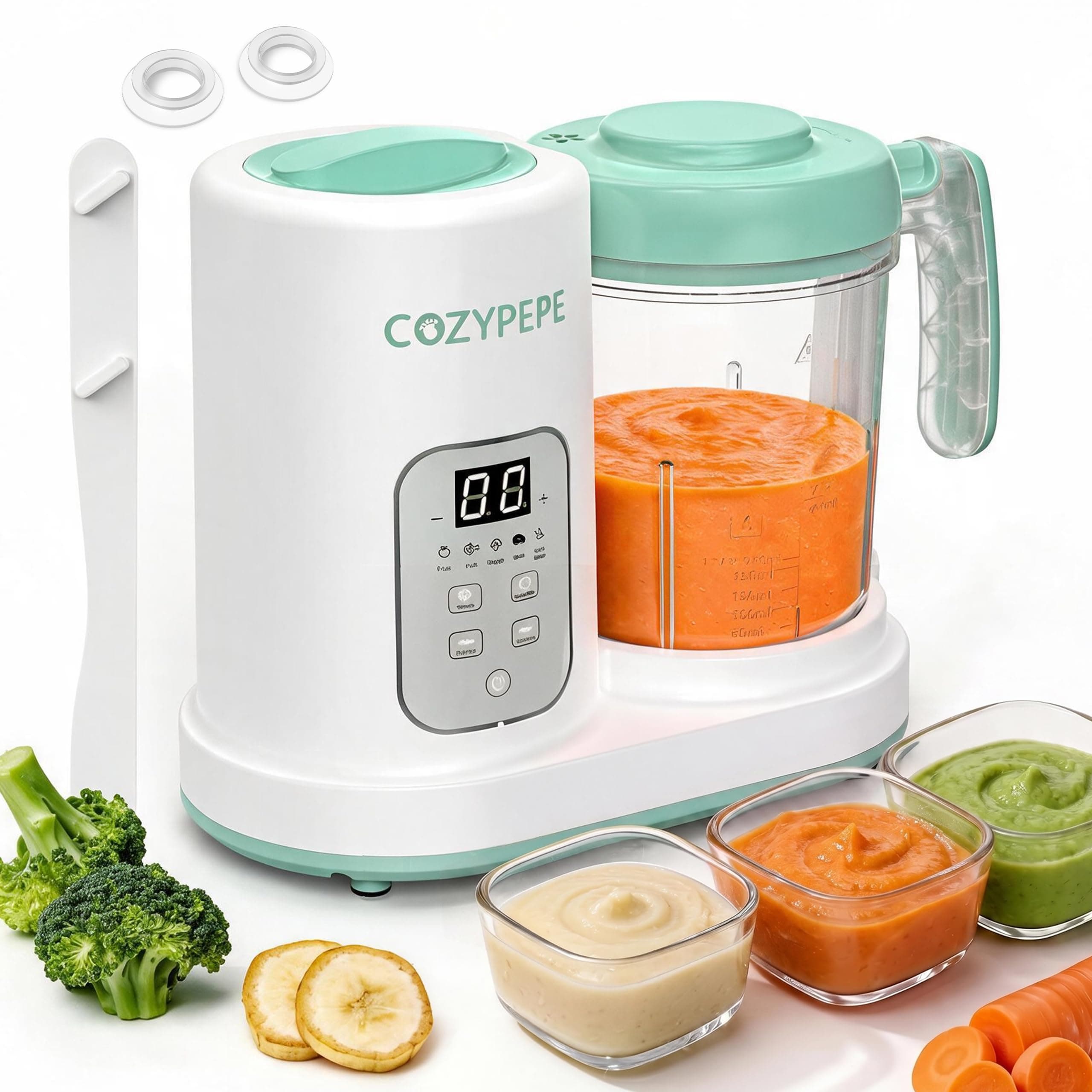 COZYPEPE Procesador Bebé, Vapor & Mezcla, sin BPA, 400ml, 6 meses | Cocina vapor preserva nutrientes, mezcla auto, silencioso, doble cuchilla, 4 ajustes, seguridad, Verde Claro