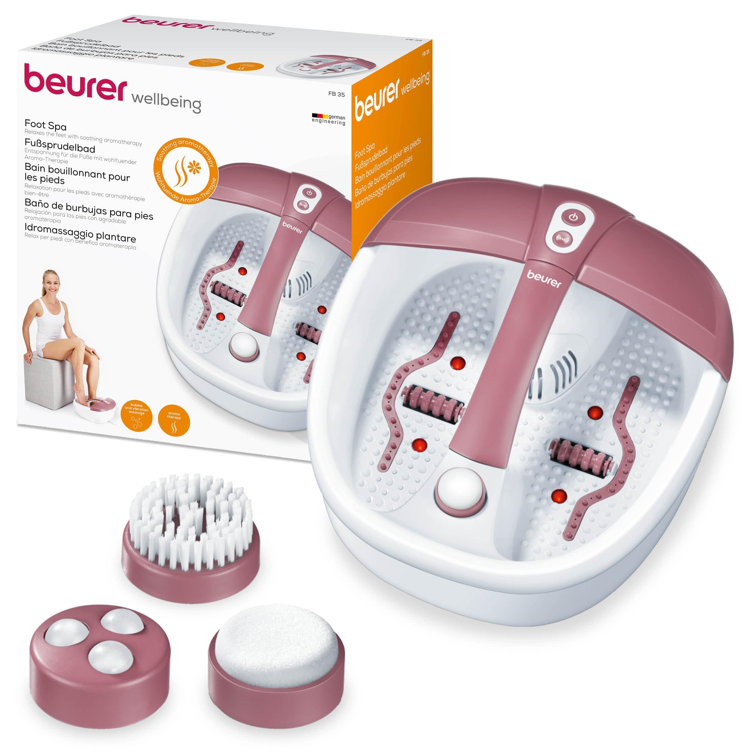 Beurer FB 35 bain de pied avec massage par vibrations et bulles, 3 embouts de pédicure interchangeables, maintien de la température et aromathérapie, adapté jusqu'à la pointure 44