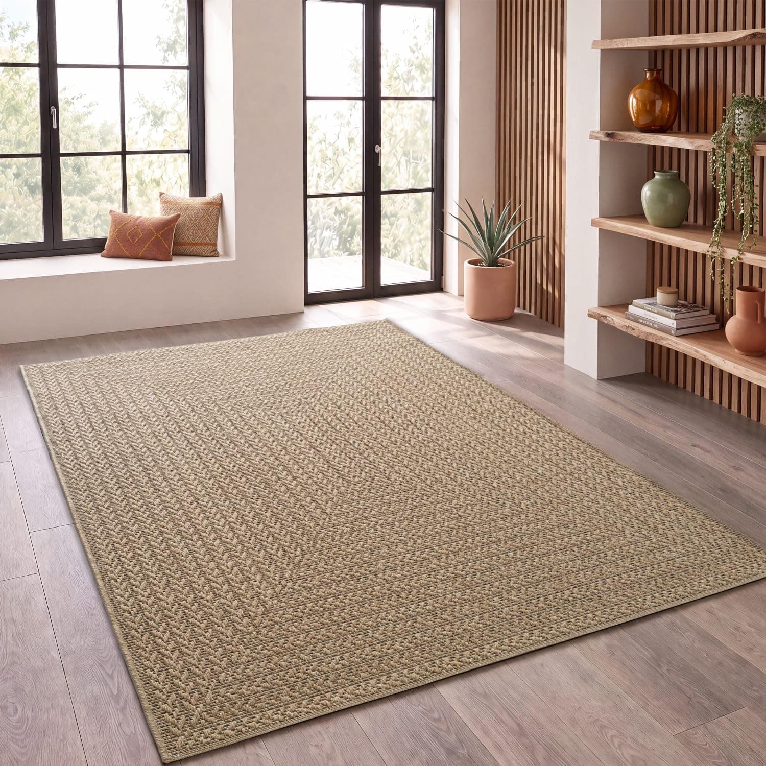 Paco Home Tapis d'extérieur Look Jute - Naturel & Noir, Robuste & Élégant, Idéal pour Terrasse & Salon, Beige 3, 120x170 cm
