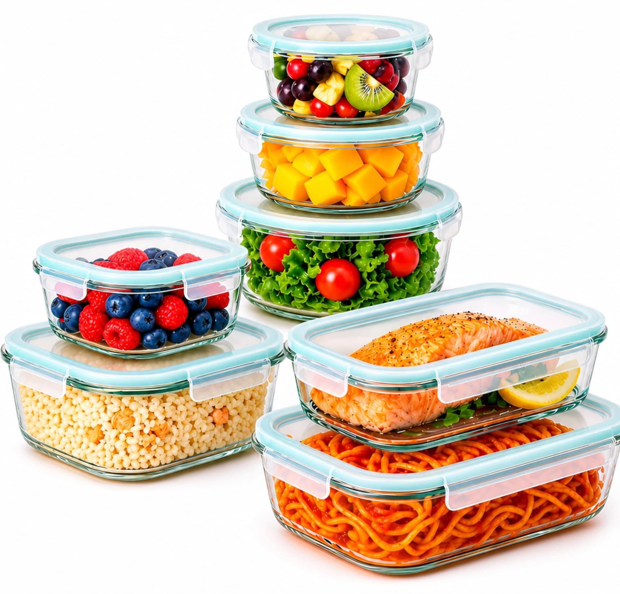 edihome, Recipientes de Cristal para alimentos, 14 Piezas (7 recipientes + 7 tapas), para Comida Hermetico, Apto para lavavajillas, congelador, microondas, sin BPA (7 Recipientes)