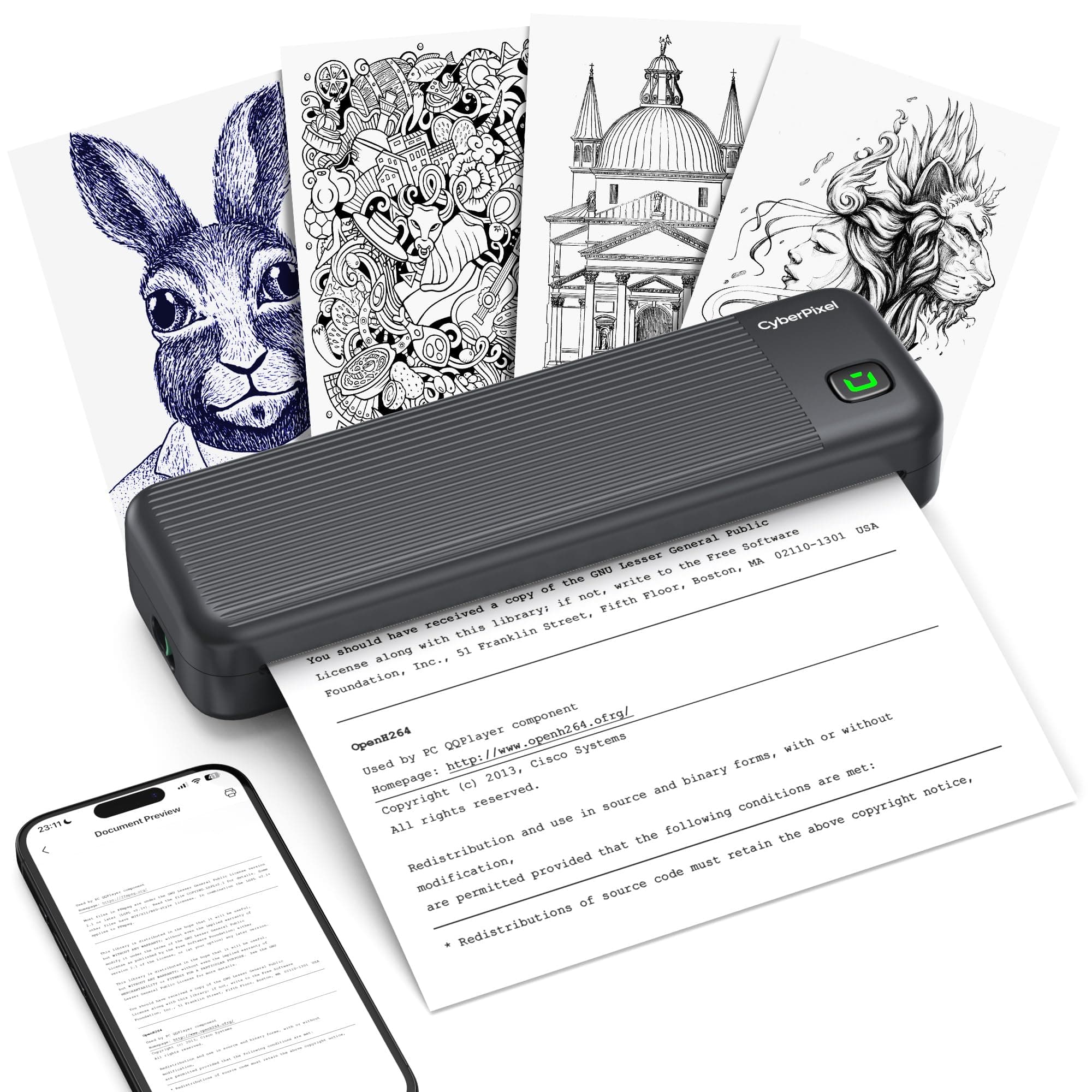 Imprimante Thermique Portable A4 - Imprimante Bluetooth pour Papier Thermique 216/210/110/80/53mm, Imprimantes Sans Encre Compatible avec IOS/Android et Mac/Windows, pour Utilisation Portable