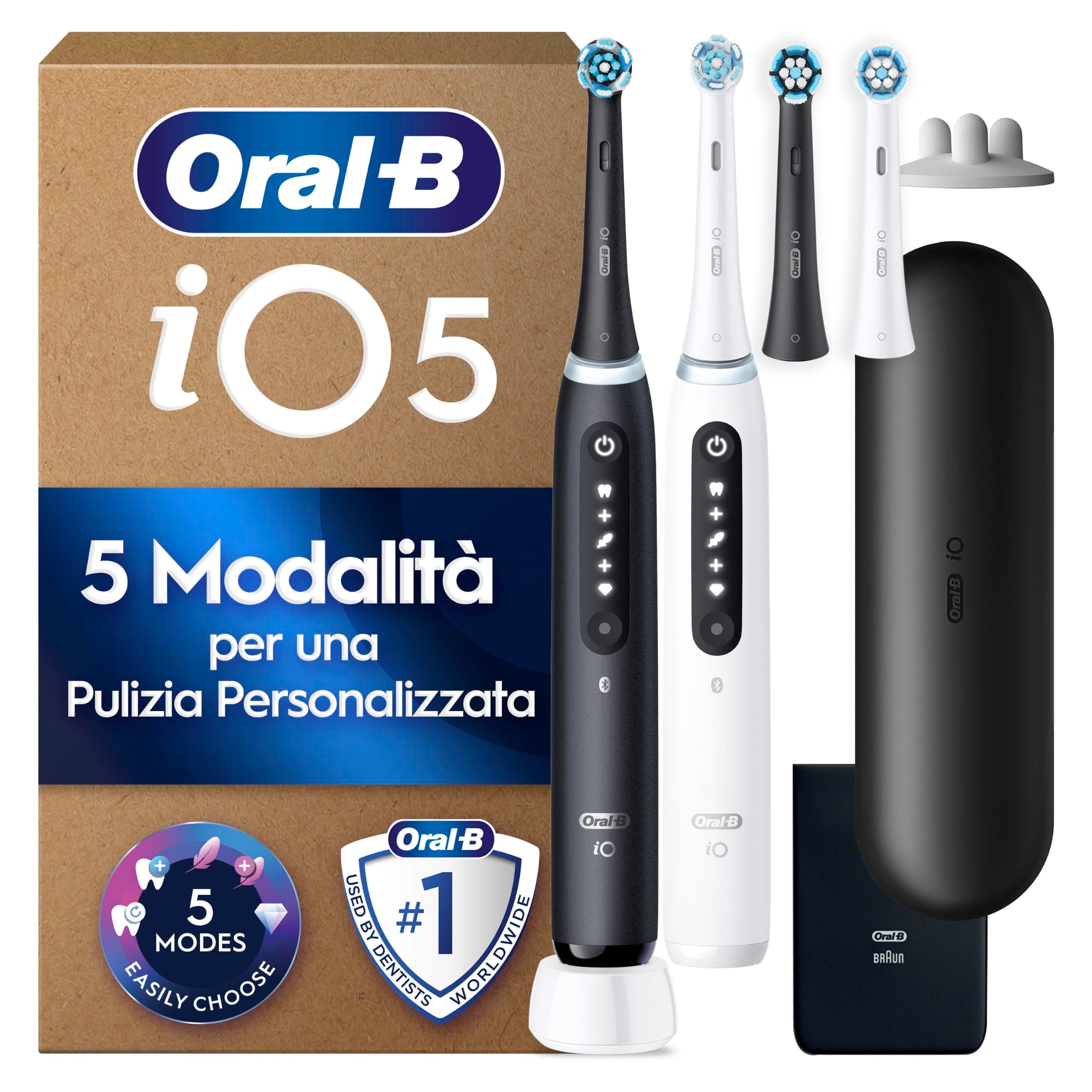 Oral-B iO 5, 2 Spazzolini Elettrici, 4 Testina di Ricambio, Bianco e Nero | 4 Testine di Ricambio per Spazzolino Elettrico Ricaricabile, Custodia da Viaggio, Sensore di Pressione, Pulizia Denti