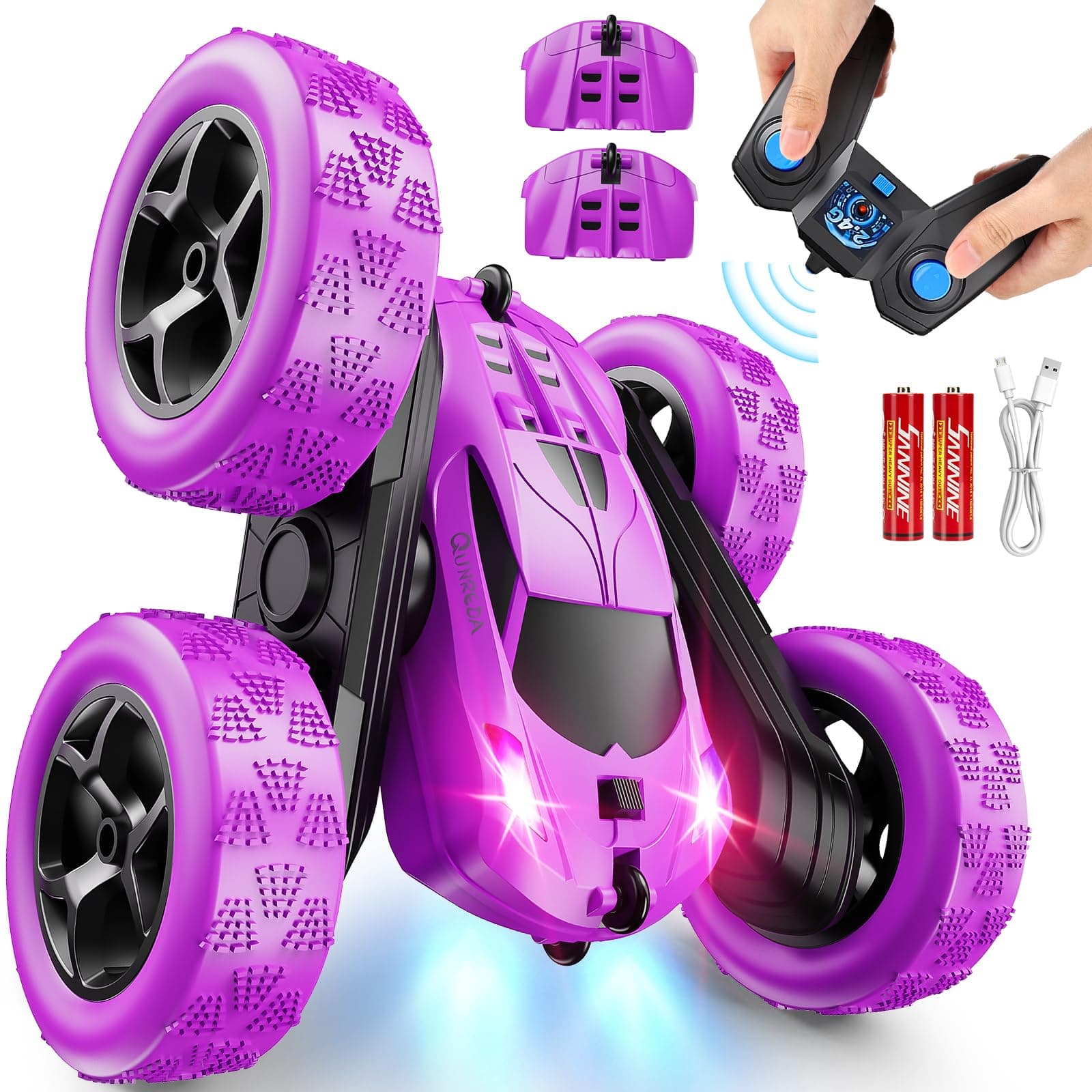 QUNREDA Coche Teledirigido RC Stunt Car 4WD 2,4 GHz – 360° Volteos, Luces LED, Baterías Modulares USB-C,Juguetes para Niños 6-12 Años, Regalo de Cumpleaños (Morado)