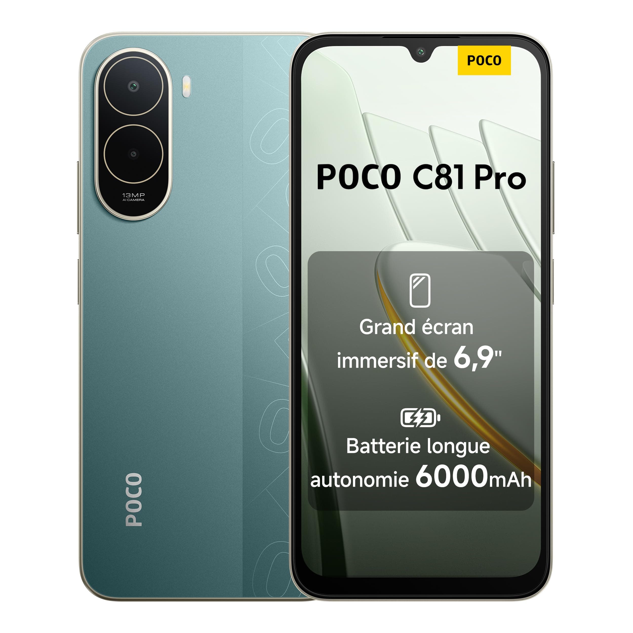 XIAOMI POCO C81 Pro Smartphone 4+128 Go Batterie 6000mAh - Vert | Écran immersif 6,9" 120Hz, double caméra IA 13 Mpx, 1 an de garantie supplémentaire, chargeur non inclus