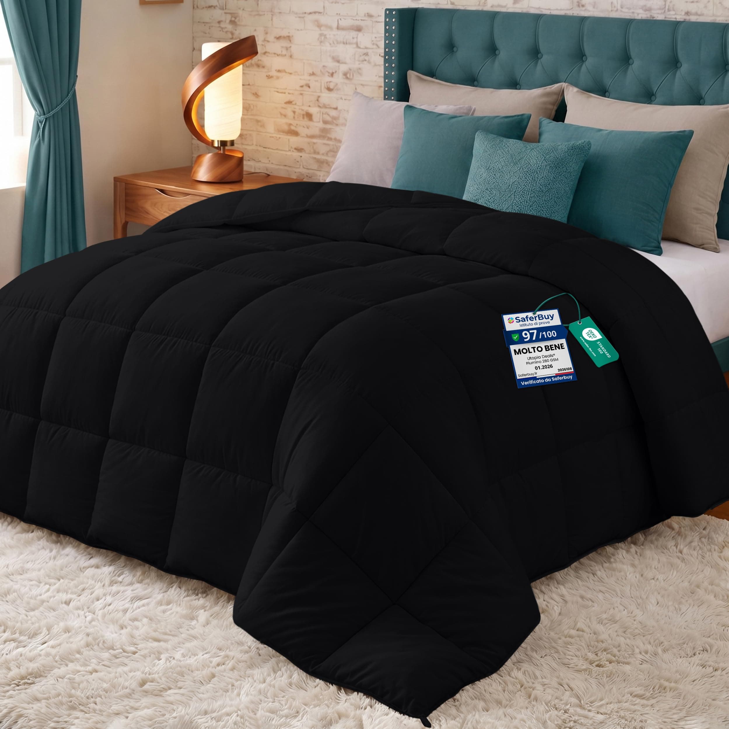 Utopia Bedding Couette 220x240 cm, Couette Chaud 370 GSM, pour lit 2 Personne, Couverture Noir avec Onglets d'angle (Noir)