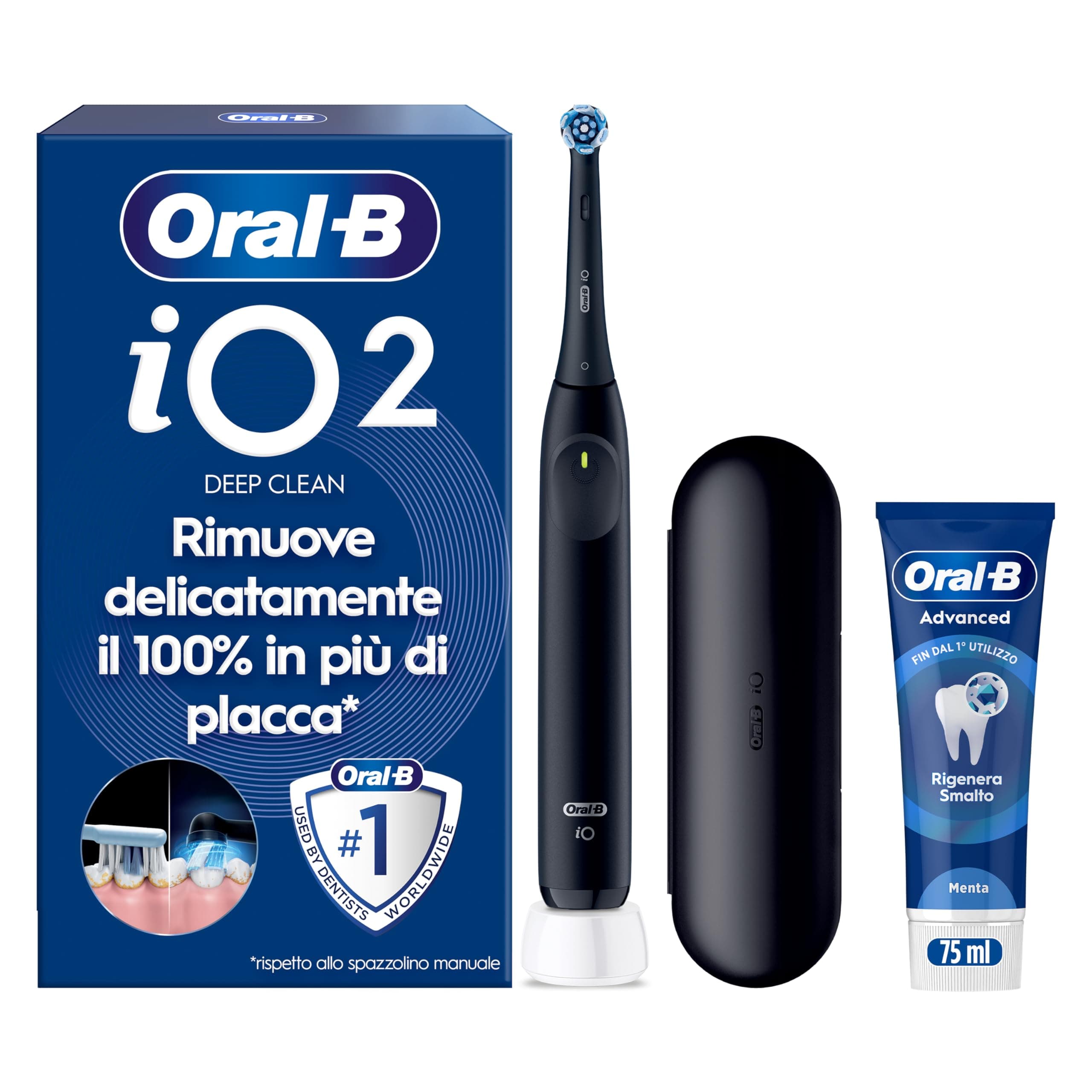 Oral-B iO 2 Spazzolino Elettrico Nero, 1 Testina Di Ricambio per Spazzolino Elettrico, Caricatore, Custodia Da Viaggio + 1 Dentifricio Oral B Advanced Rigenera Smalto, Pulizia Denti Efficace