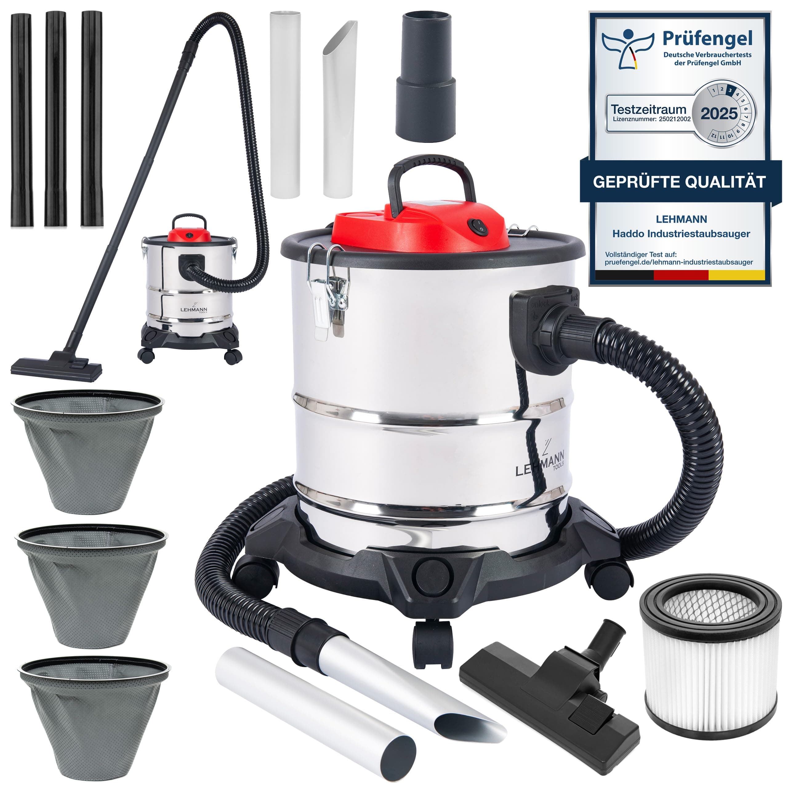 LEHMANN Haddo Aspirateur Industriel 2000W | pour cheminée avec Double système de Filtration | Sec Humide avec réservoir de 20 litres en Acier Inoxydable, Argenté