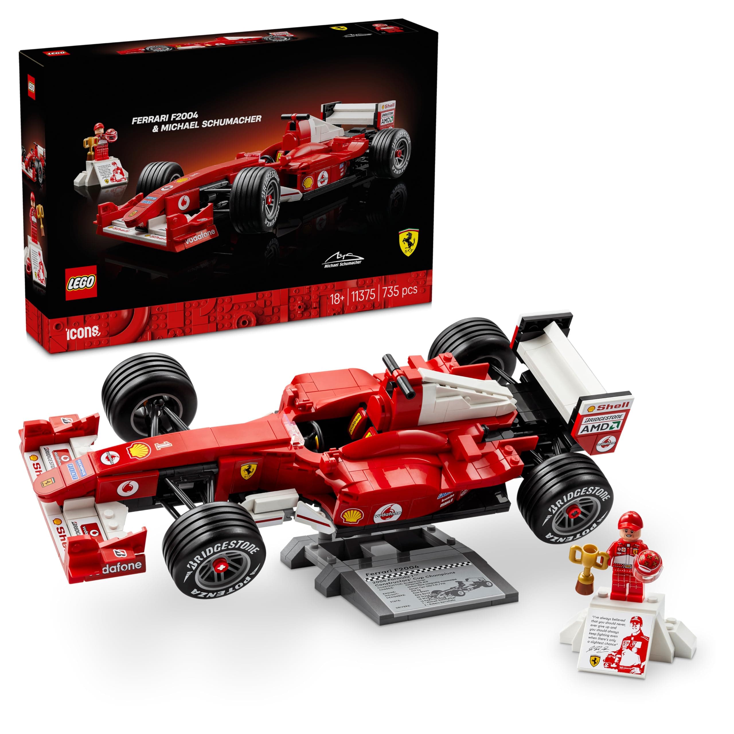 LEGO Icons Ferrari F2004 y Michael Schumacher - Maqueta para Adultos de Coche de F1 - Motor V10 con Minifigura de Piloto Coleccionable - Regalo para Hombres y Mujeres Fans de la Fórmula 1-11375