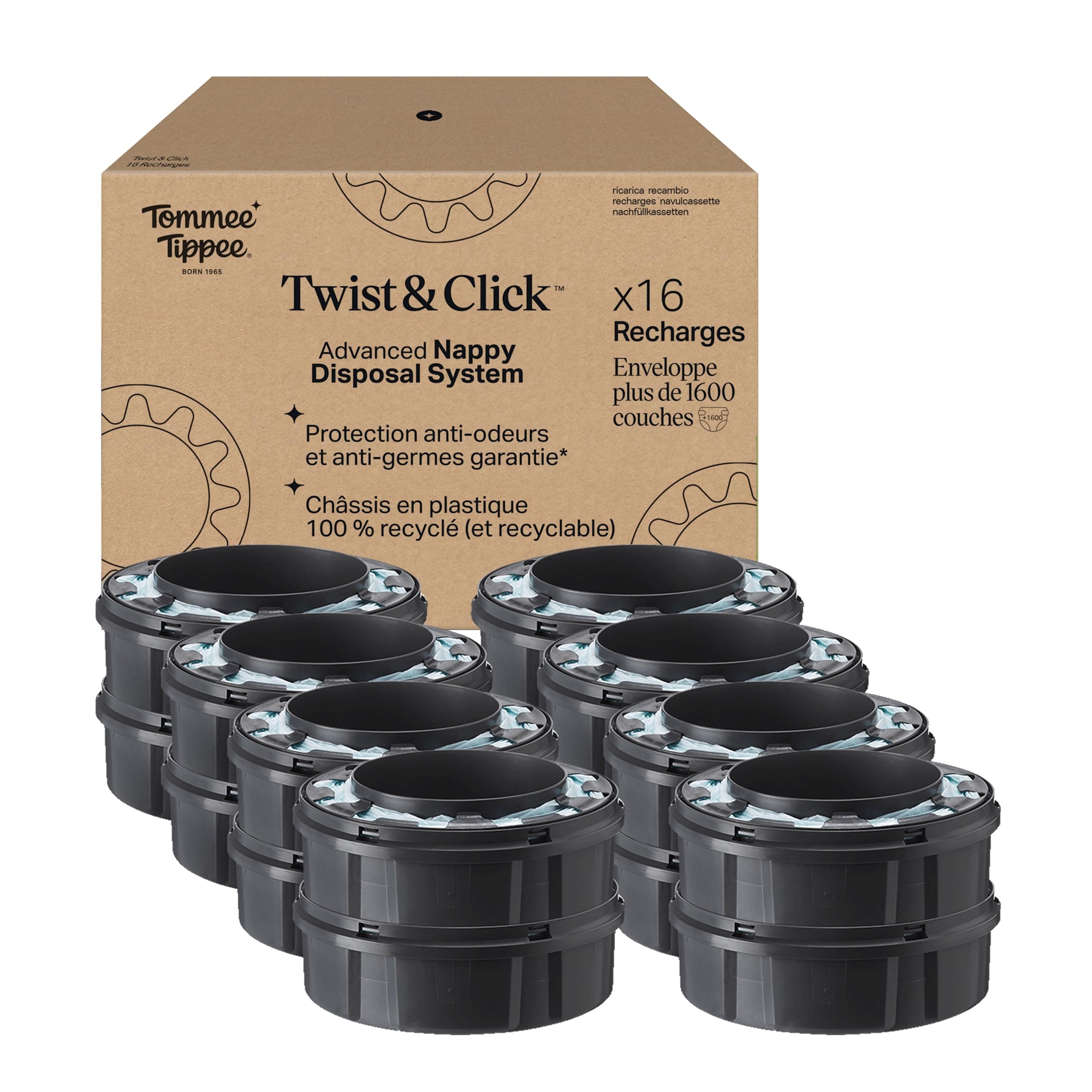 Tommee Tippee Cassettes de recharge originales Poubelle à couches Twist and Click Advanced, Lot exclusif de 16, 10,5 m, Recharge facile et grandes économies, 16 X 10,5 m