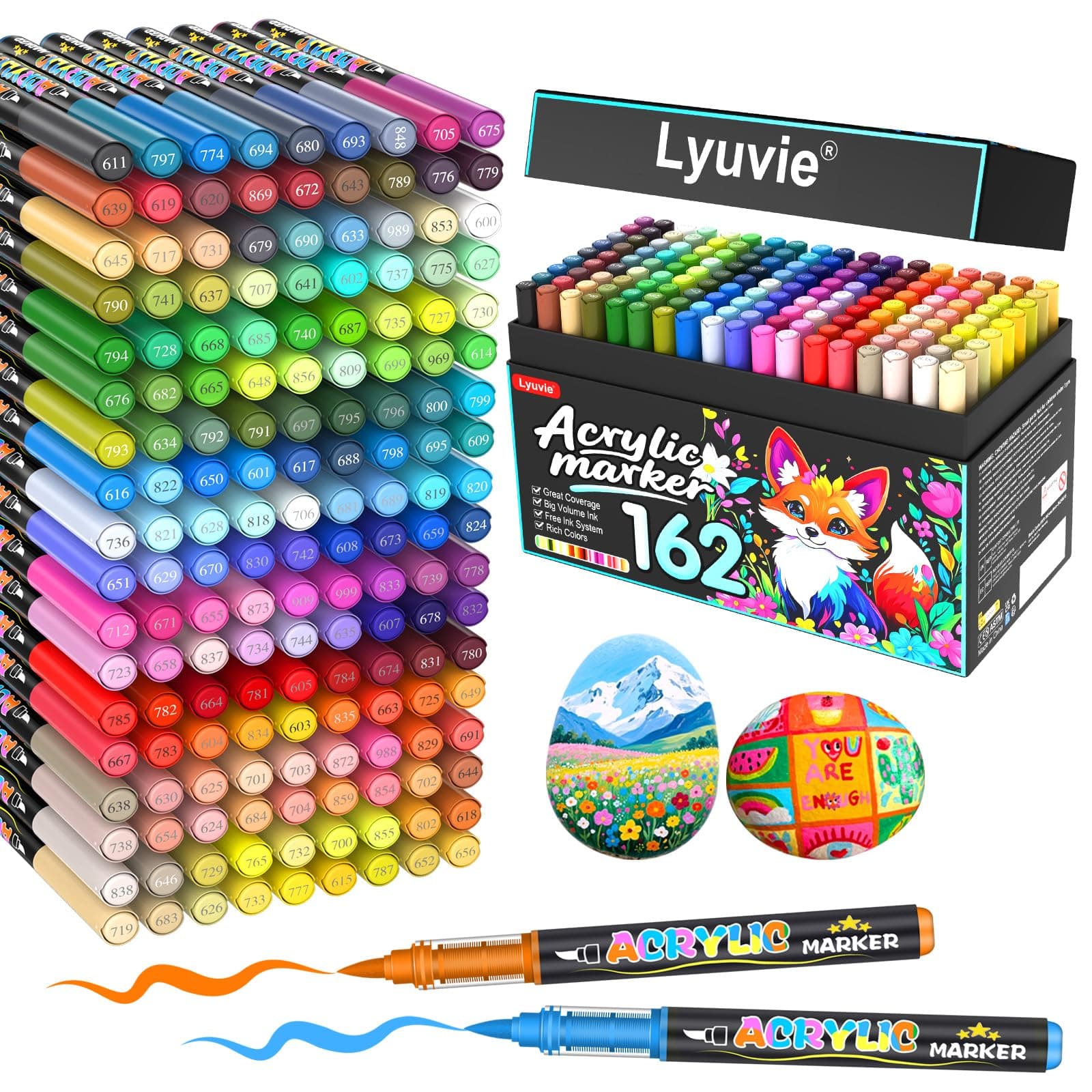 Lyuvie 162 Couleurs Feutre Acrylique, Acrylic Paint Brush Marker à Peinture à Base D'eau, Marqueur Peinture Acrylique pour Pierre,Bois,Galets,Papier, Tissu,Verre, Plastique