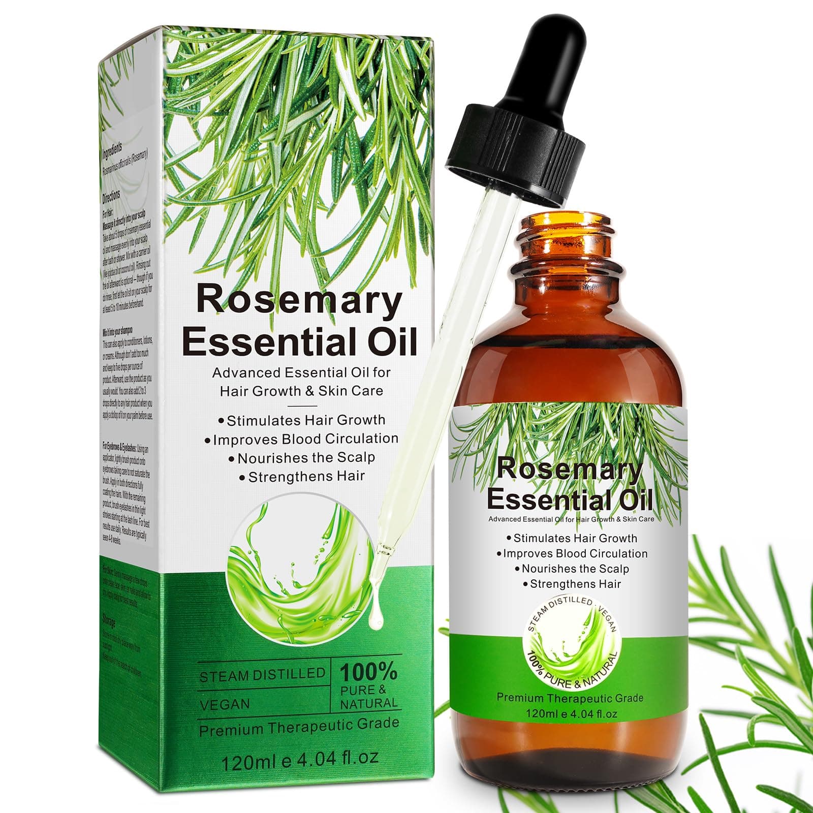 Olio Essenziale Di Rosmarino Per La Crescita Dei Capelli - 100% Puro Biologico Per Sopracciglia E Ciglia, Cura Della Pelle, Nutre Il Cuoio Capelluto, Stimola La Crescita Dei Capelli 120Ml