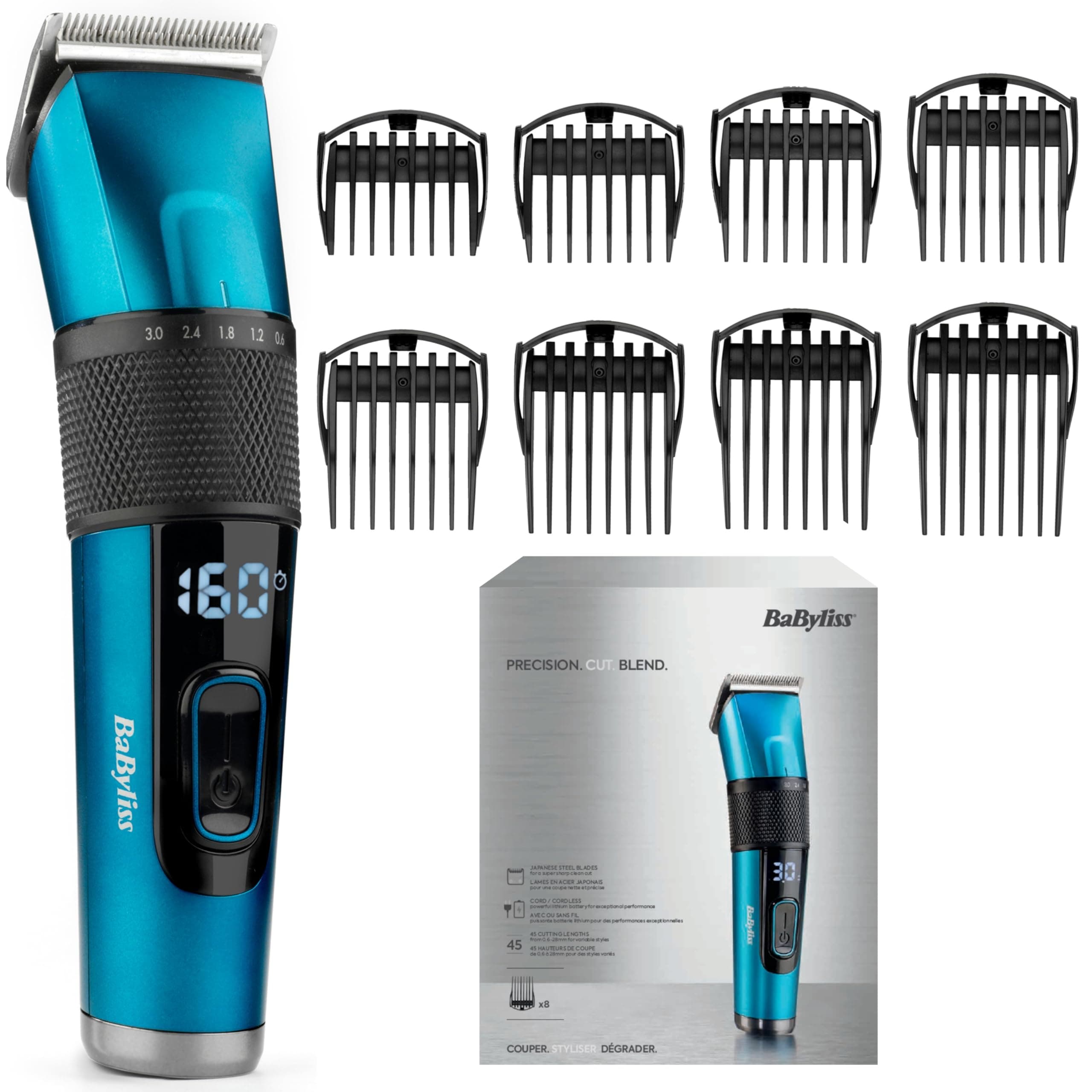 BaByliss Tondeuse cheveux avec lame en acier japonais - Batterie lithium, autonomie de 160 minutes, Charge complète en 3 heures, Étui de rangement rigide inclus, Noir, E990E