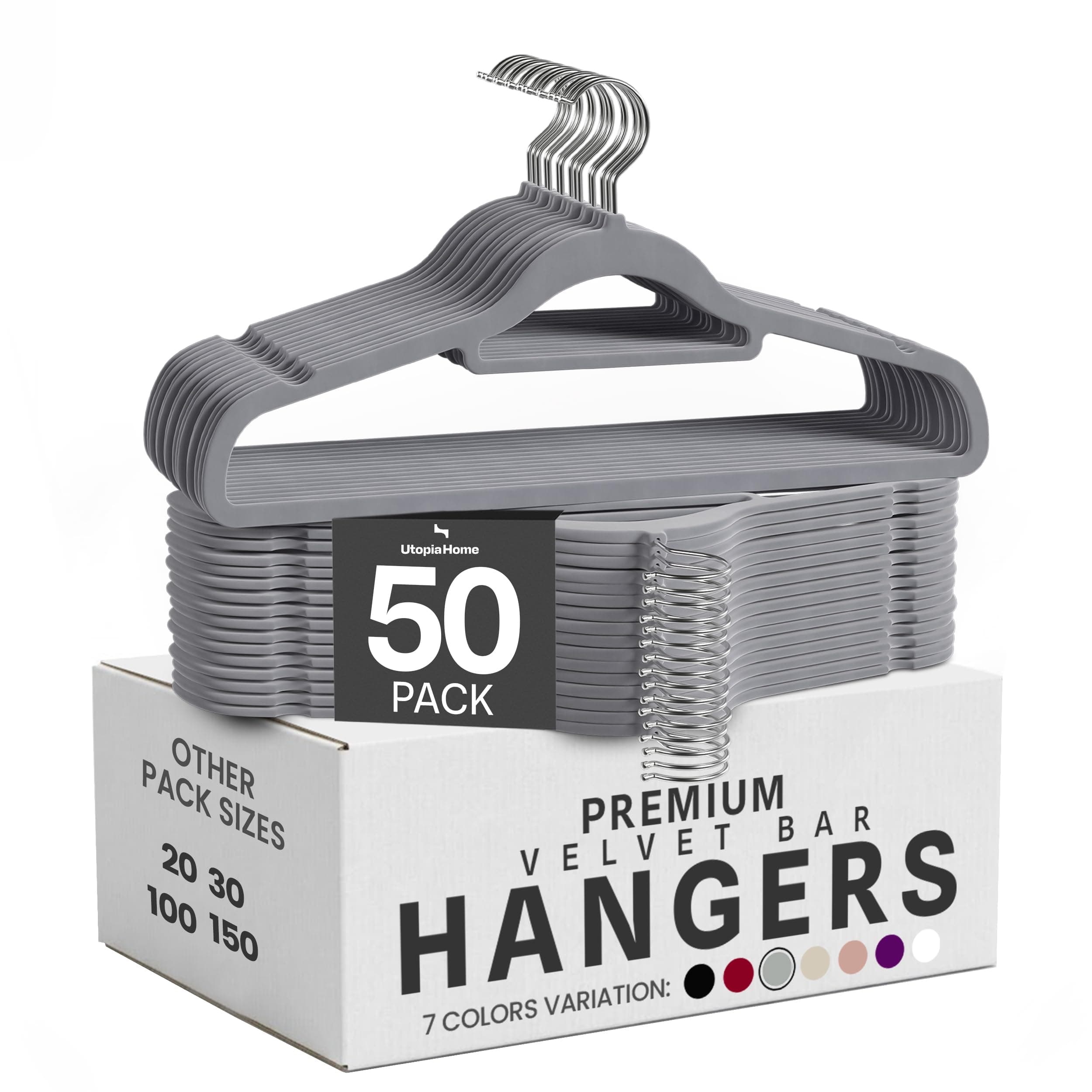 Utopia Home Cintres en Velours – Antidérapants, durables avec Barre à Cravate – Cintres Peu encombrants pour Chemises, Vestes et Robes (Gris, Lot de 50) | Cintres antidérapants et robustes avec crochet pivotant à 360° - Idéal pour vêtements d'adultes