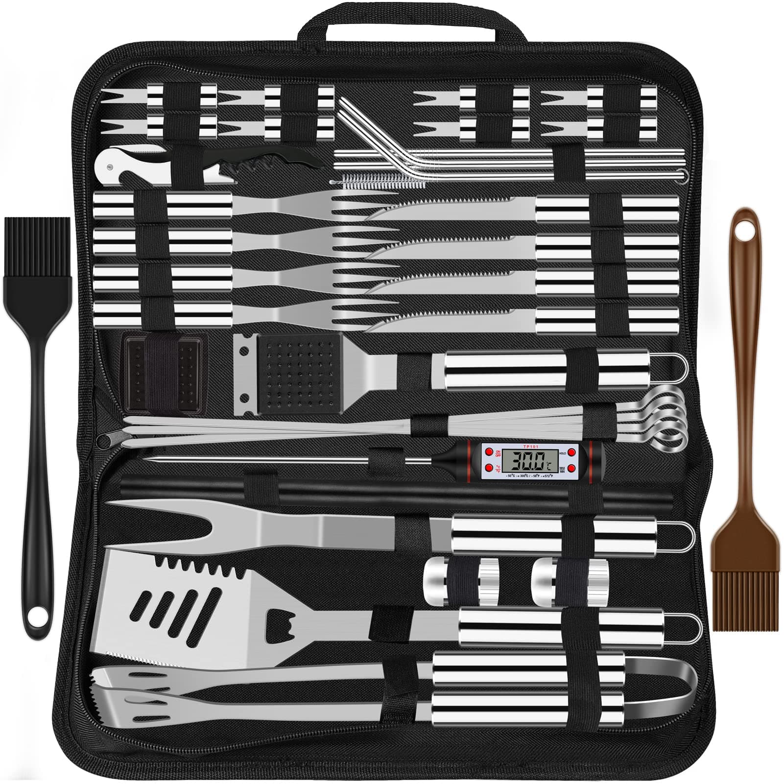 Grilliance 38pcs Kit Barbecue Set Accessoires de Grill en Acier Inoxydable pour Hommes,Ensemble d'Ustensiles de Grill de Haute Qualité avec Sac et Tapis pour Camping Argenté