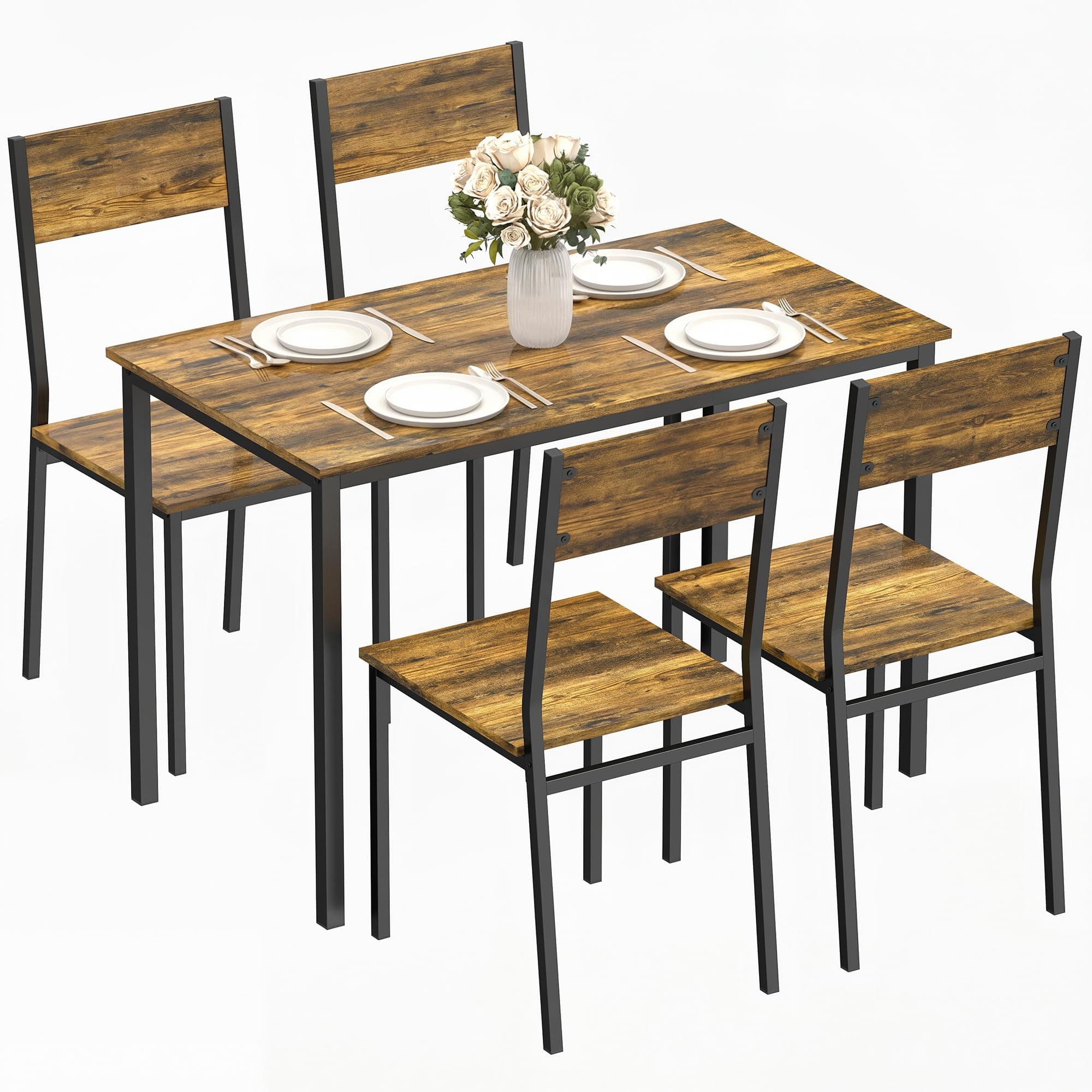 HOMCOM Ensemble Table Salle à Manger avec 4 chaises, Table de Cuisine avec chaises pour 4 Personnes, Plateau rectangulaire 108 cm, Pieds en métal, Style Industriel, pour Petit Espace, Brun Rustique