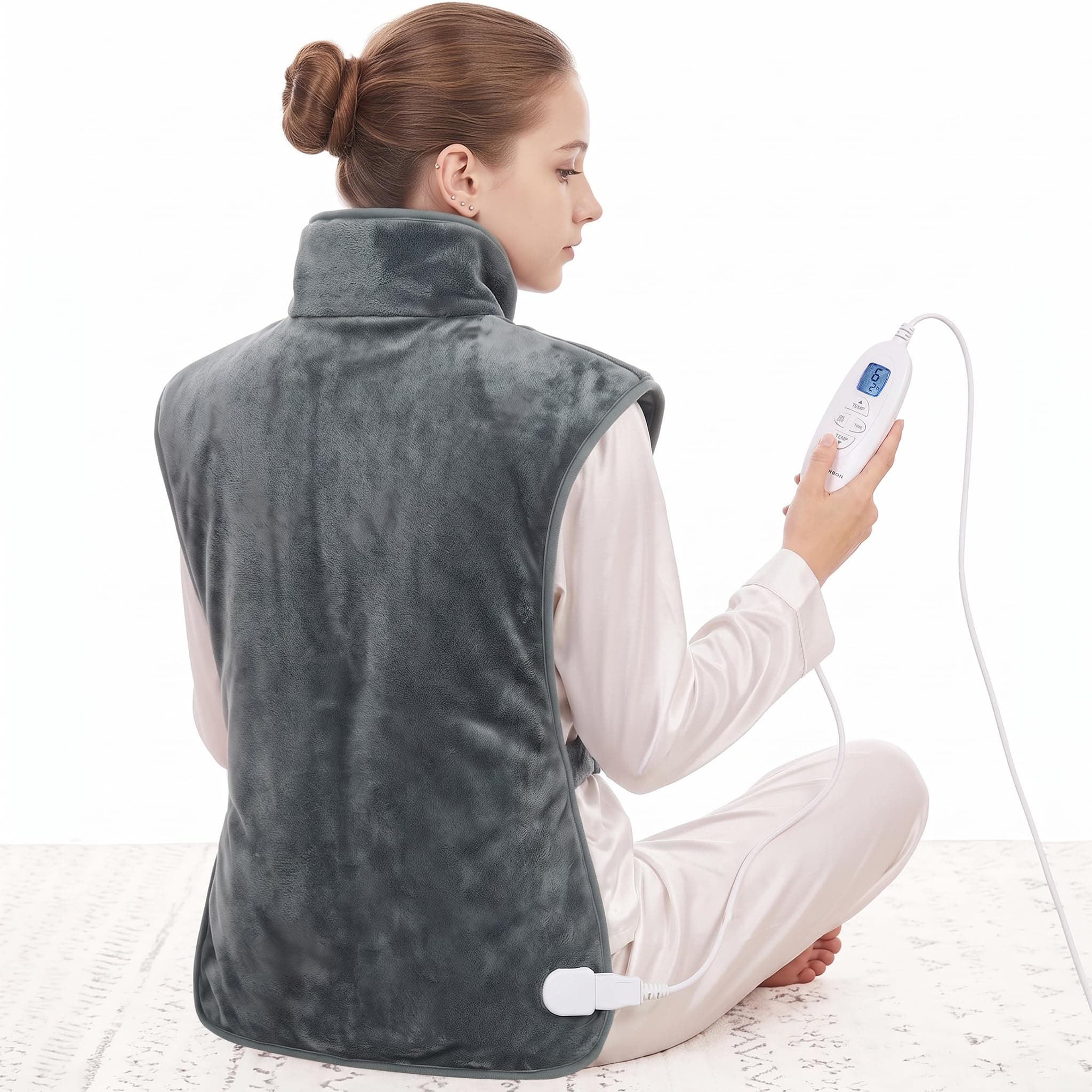 MYCARBON Coussin Chauffant Électrique pour Dos Épaules Nuque Coussin Chauffant Cervicales 60x100cm Arrêt Automatique 6 Températures 4 Timer avec Contrôleur Chauffage Rapide Lavable en Machine, Gris