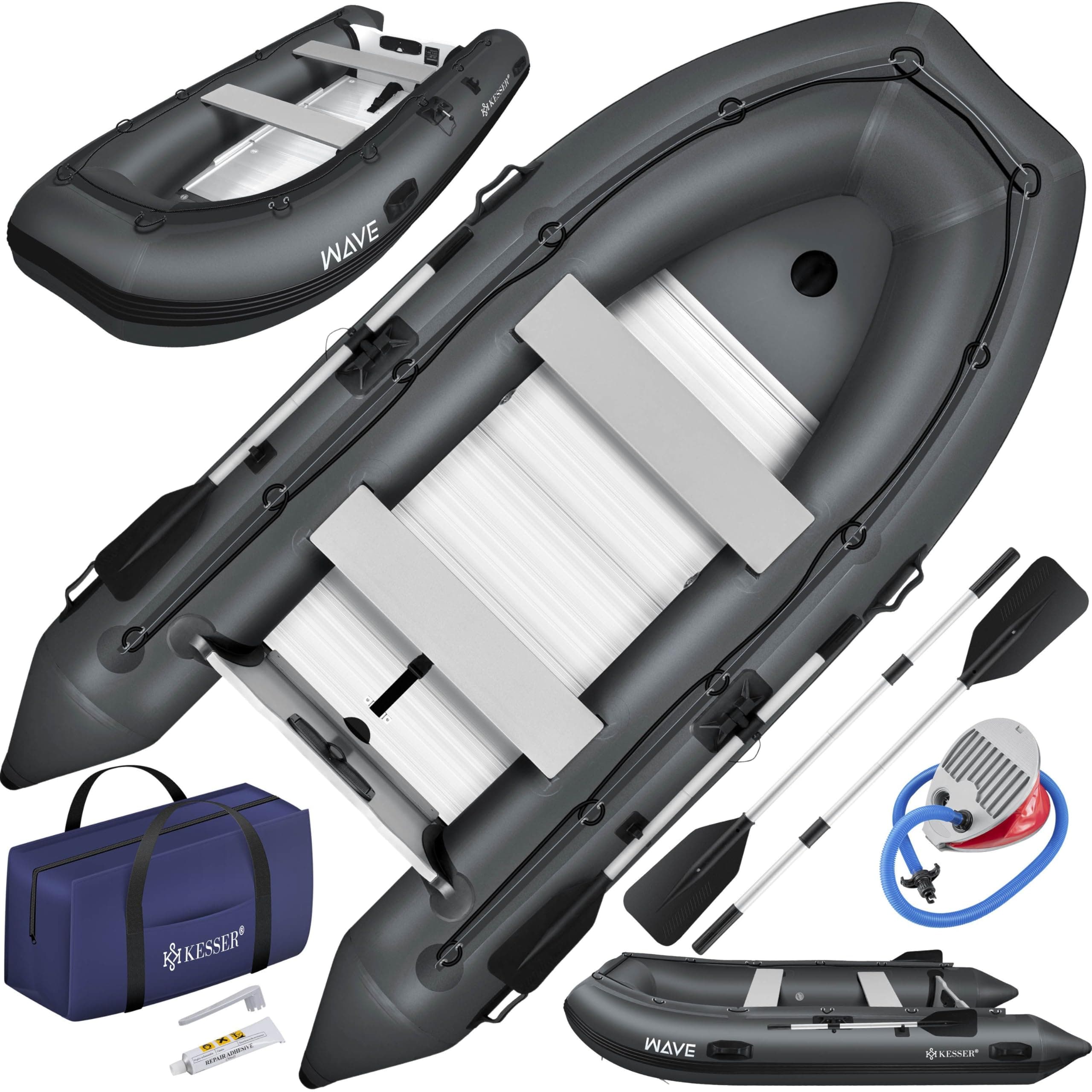 KESSER® Wave Lot de 6 bateaux gonflables 230-320 cm - Bateau + banc, pompe à air, pagaie, kit de réparation, sac, bateau de pêche, bateau à pagaie petit et grand - Combinaison moteur possible