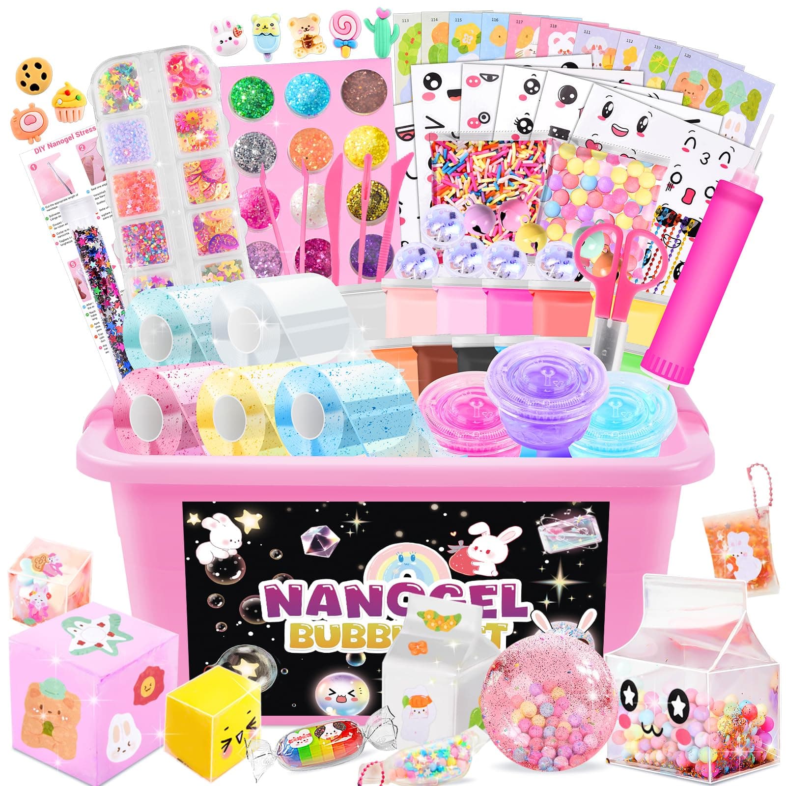 Charmofun 100 Pièces Nano Tape Bubbles Kit avec 5 Bandes Nano Tape, Ballon à Bulles et Autocollants, Matériel de Bricolage DIY pour Enfants, Cadeau de Fête Cadeau d'Anniversaire (Réutilisable)