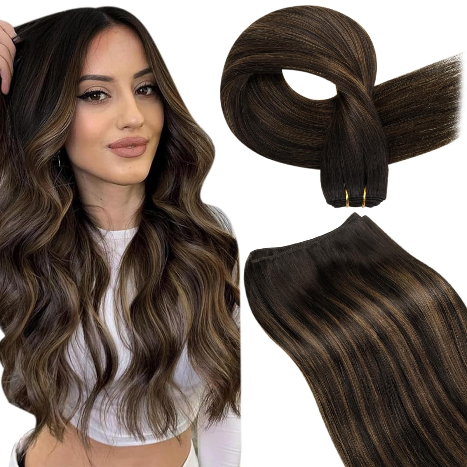 LaaVoo Extension Tessitura Capelli Veri 60cm 100g Balayage Marrone Extension Capelli Veri Tessitura Remy Umani Lisci Castano Scuro Balayage Marrone Chiaro #2/8/2