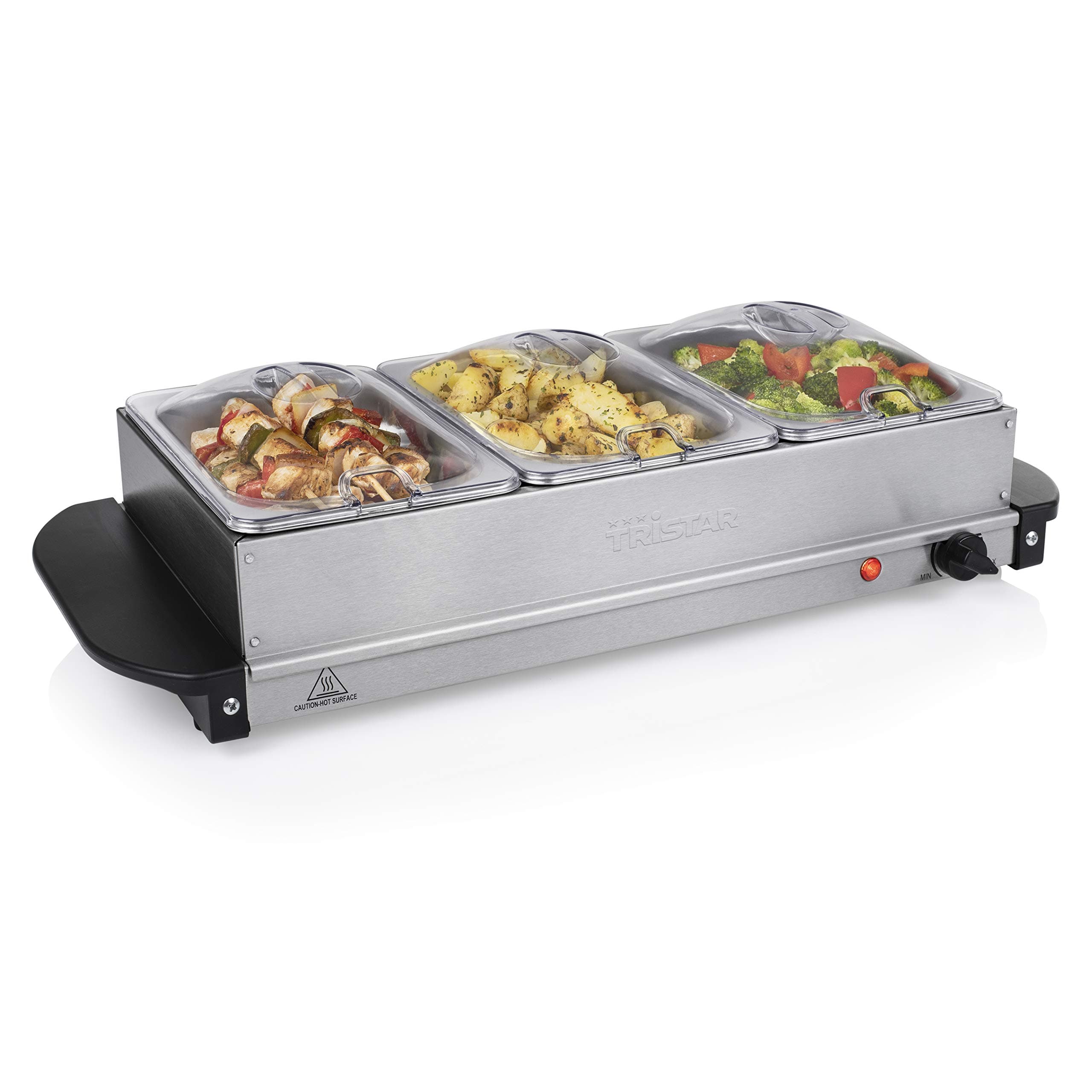 Tristar Scaldavivande Buffet in Acciaio Inox per Feste e Buffet, 4,2 L, Termostato Regolabile, 3 Contenitori Scaldavivande, Funzione Piastra Riscaldante, 200 W, Argento, BP-6283